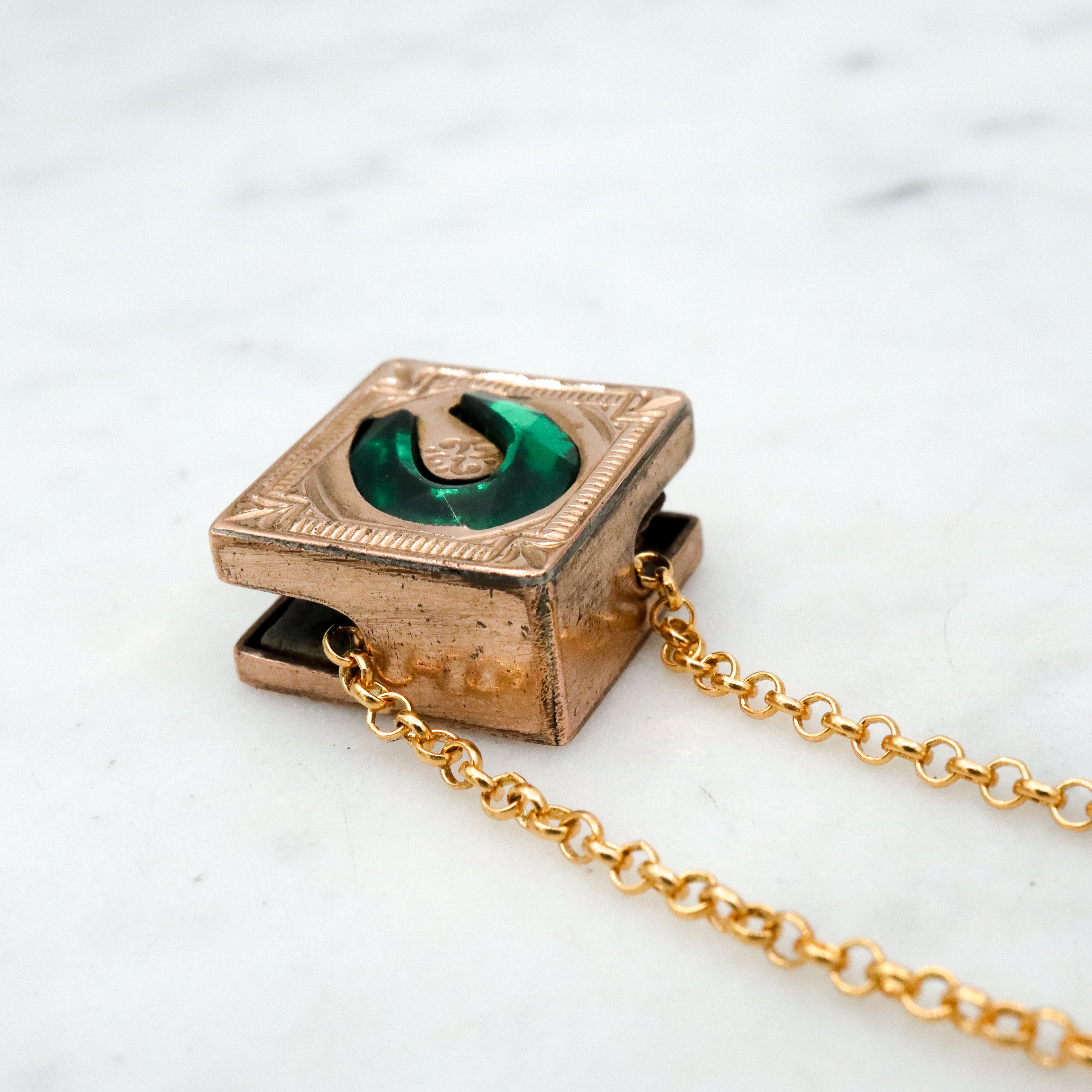 Antique Victorian gold filled green glass horseshoe square slide charm necklace