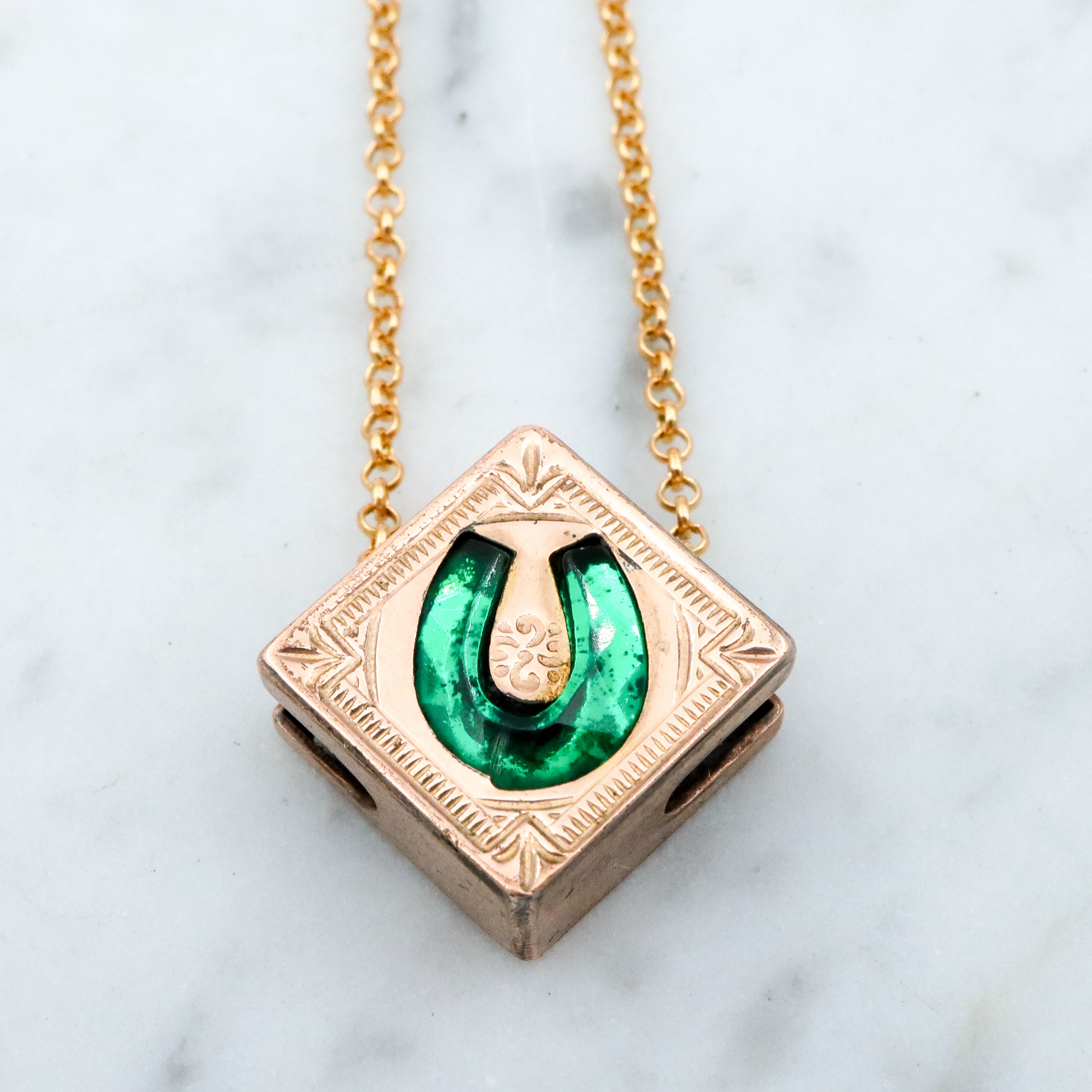Antique Victorian gold filled green glass horseshoe square slide charm necklace