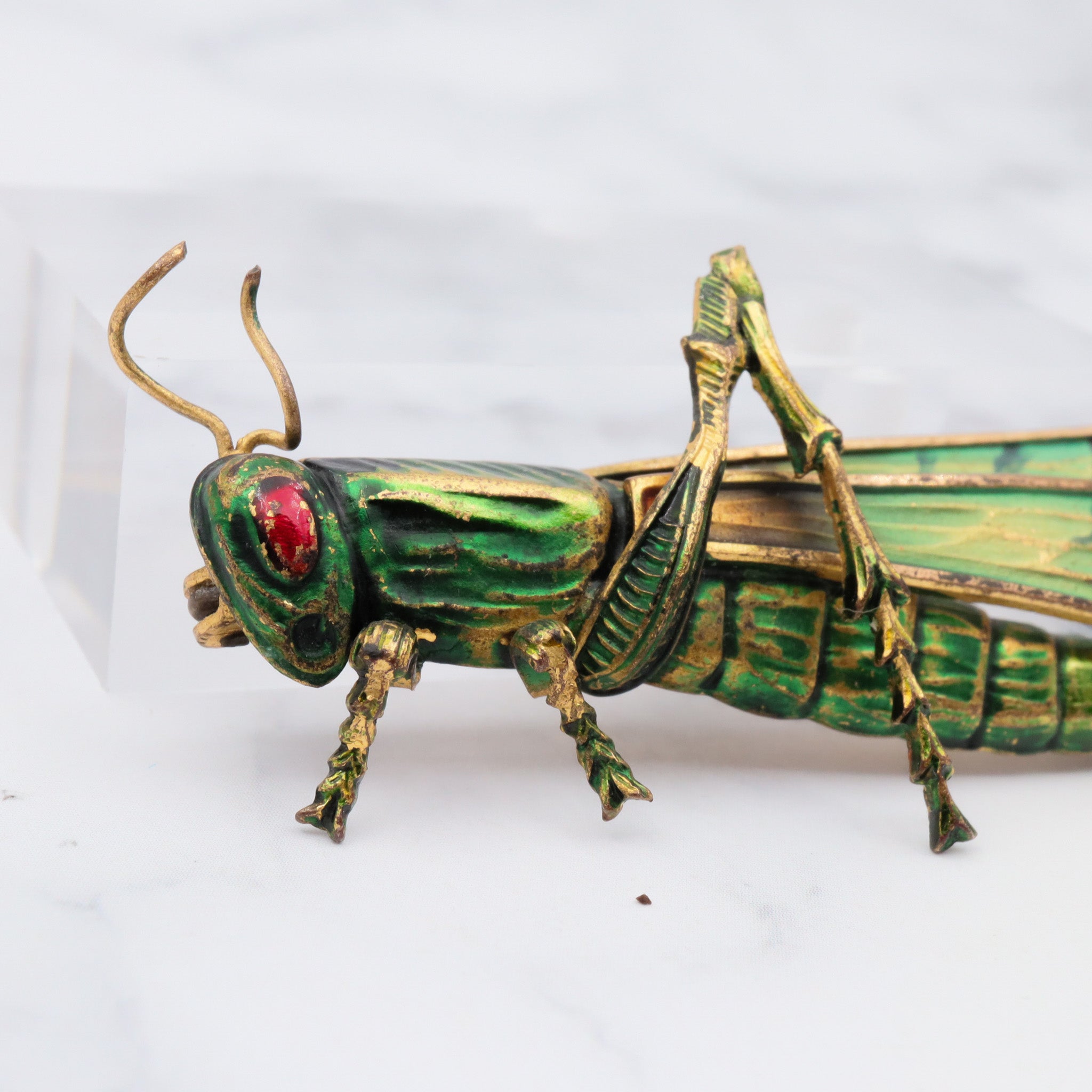 Exceptional and rare antique Czech hand painted brass grasshopper large brooch