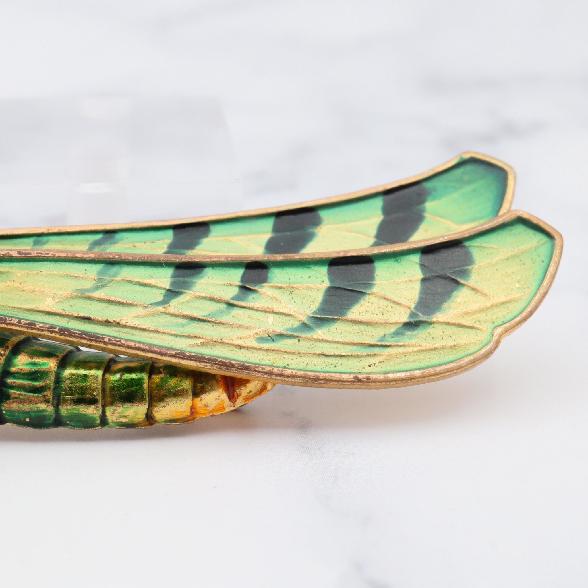 Exceptional and rare antique Czech hand painted brass grasshopper large brooch