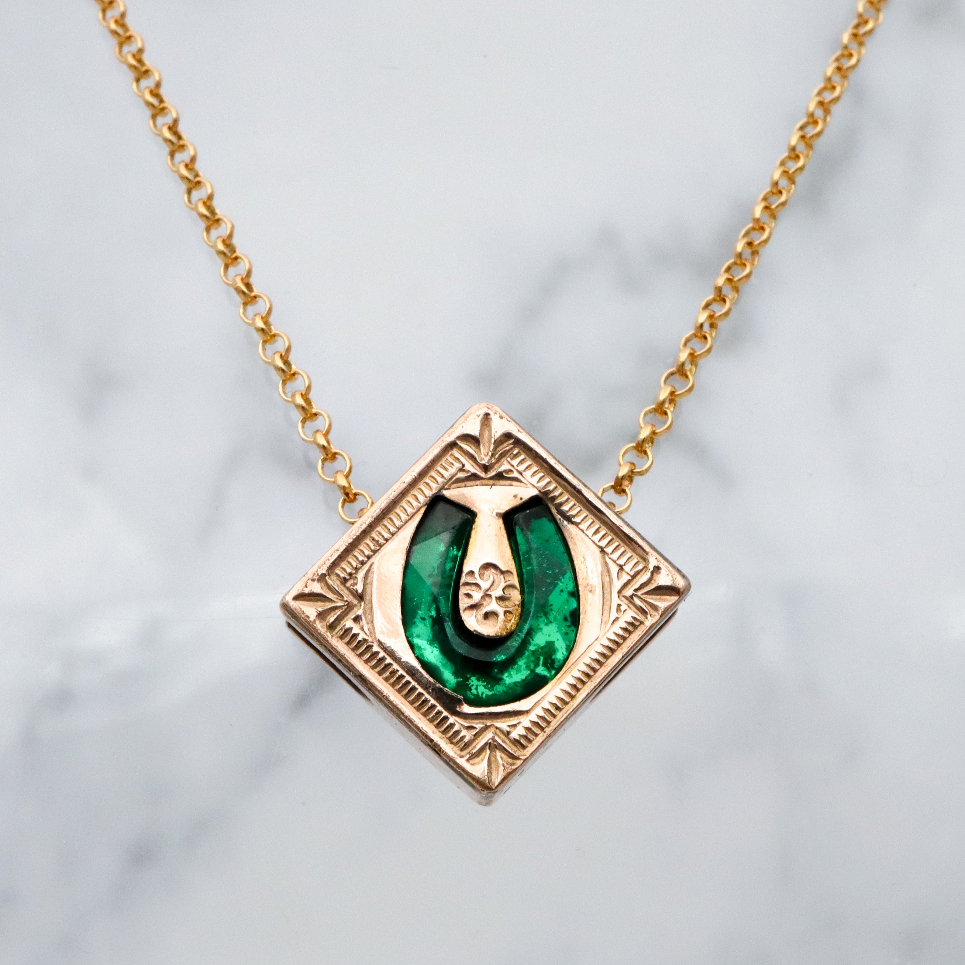 Antique Victorian gold filled green glass horseshoe square slide charm necklace