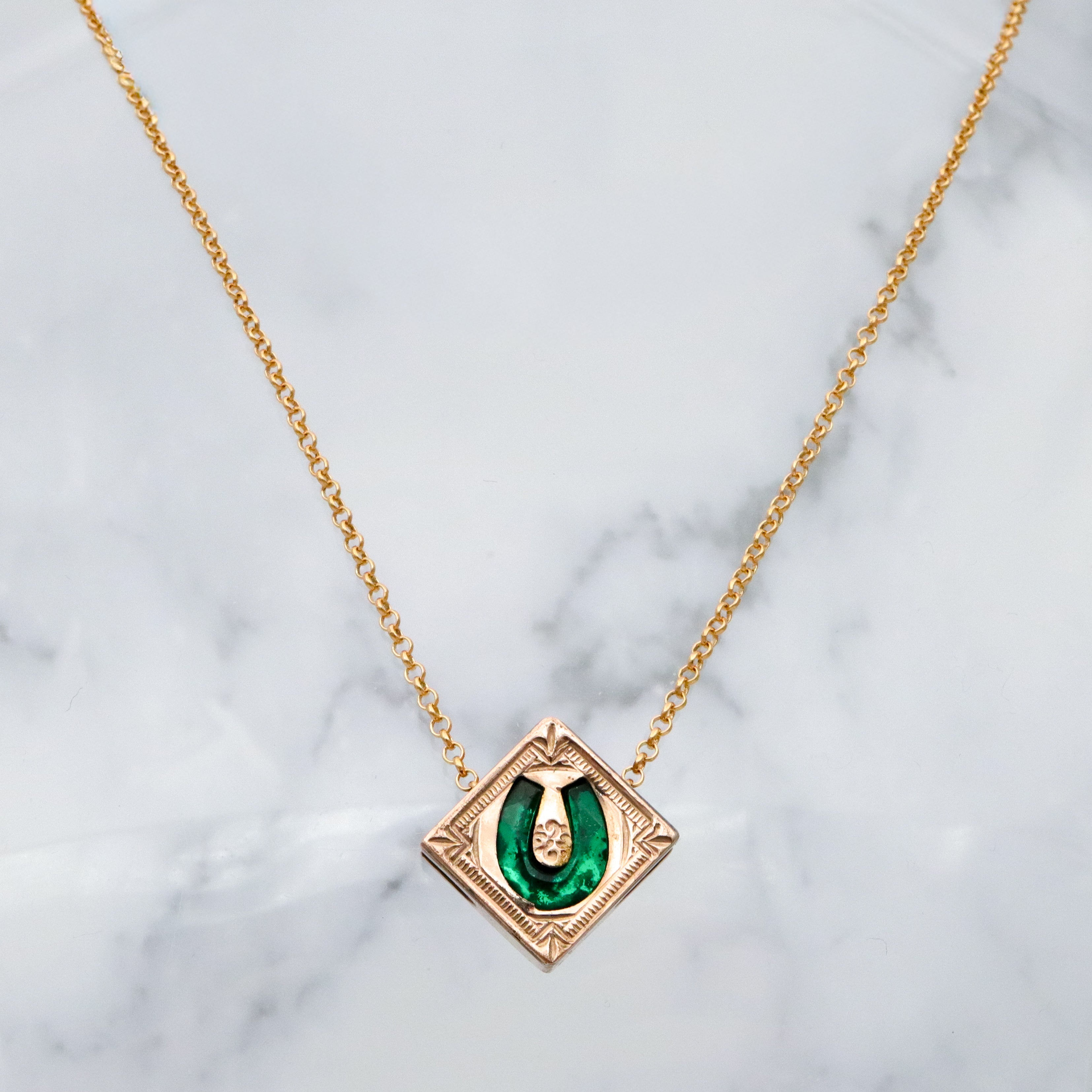 Antique Victorian gold filled green glass horseshoe square slide charm necklace