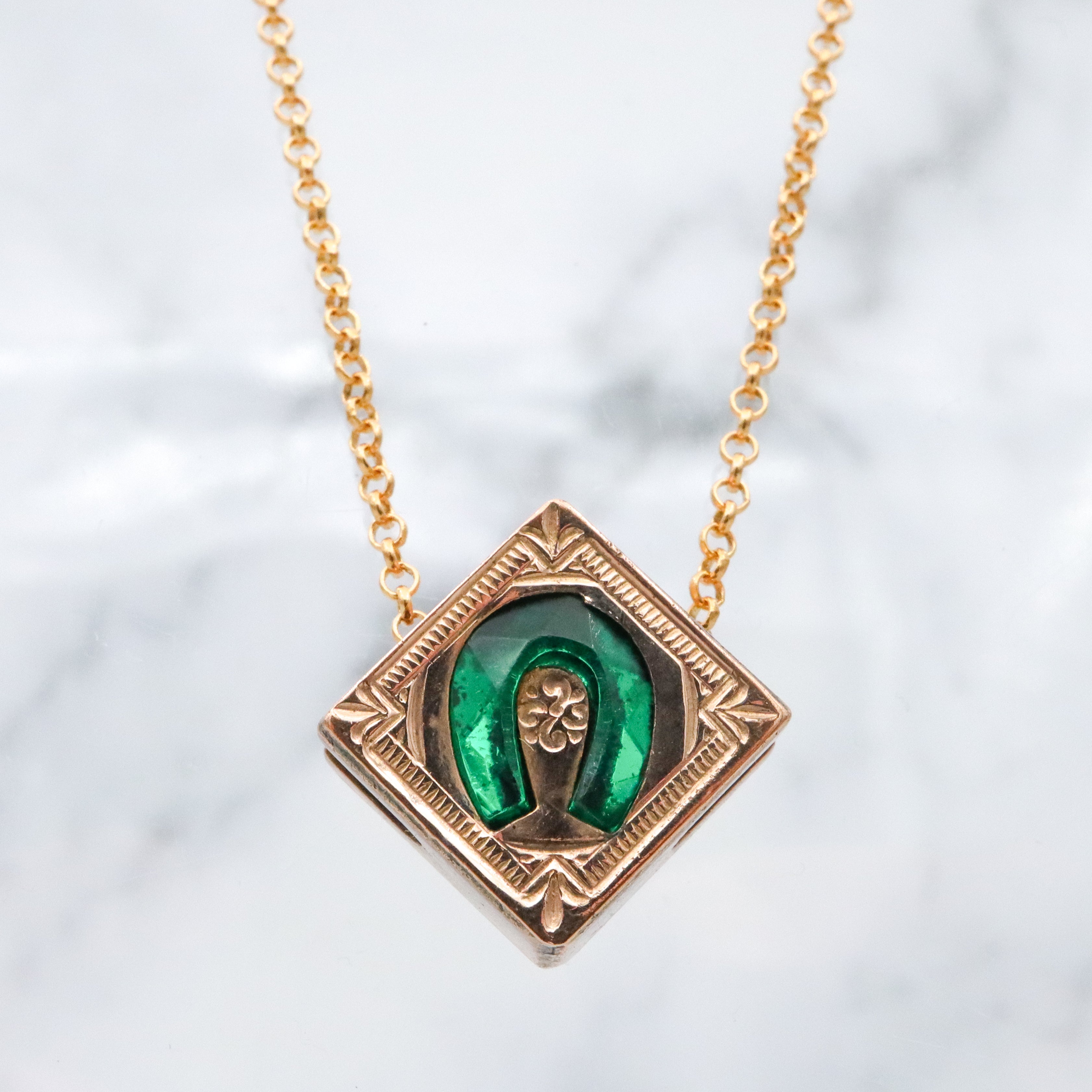 Antique Victorian gold filled green glass horseshoe square slide charm necklace