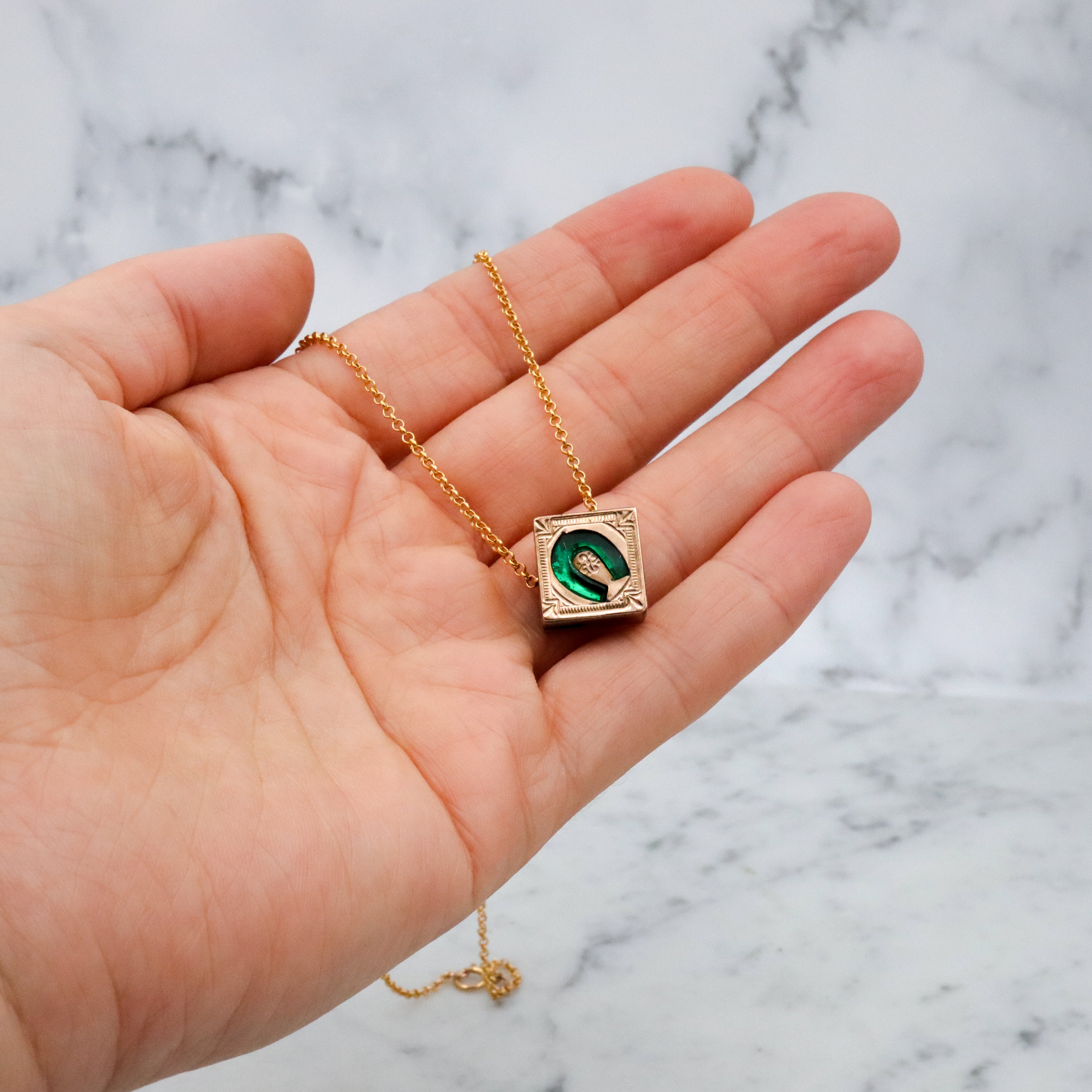 Antique Victorian gold filled green glass horseshoe square slide charm necklace