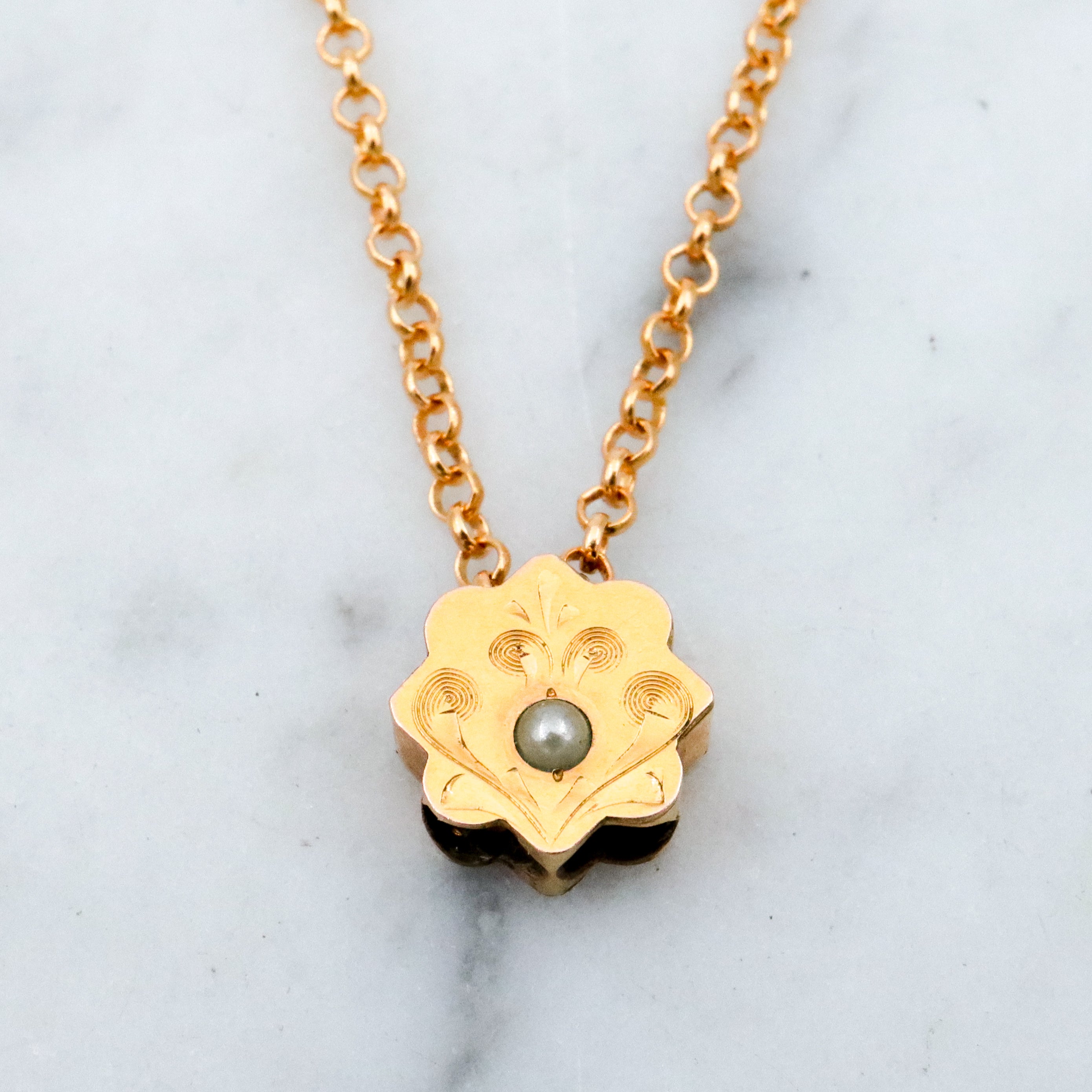 Antique Victorian 9k gold floral engraved slide charm necklace