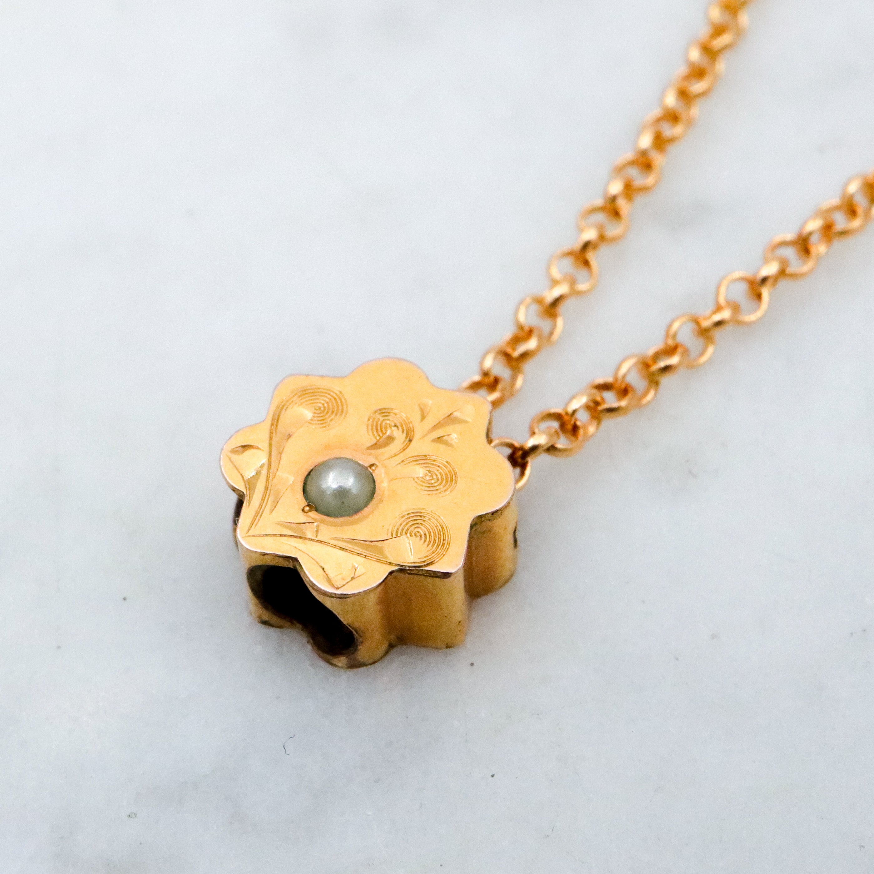 Antique Victorian 9k gold floral engraved slide charm necklace