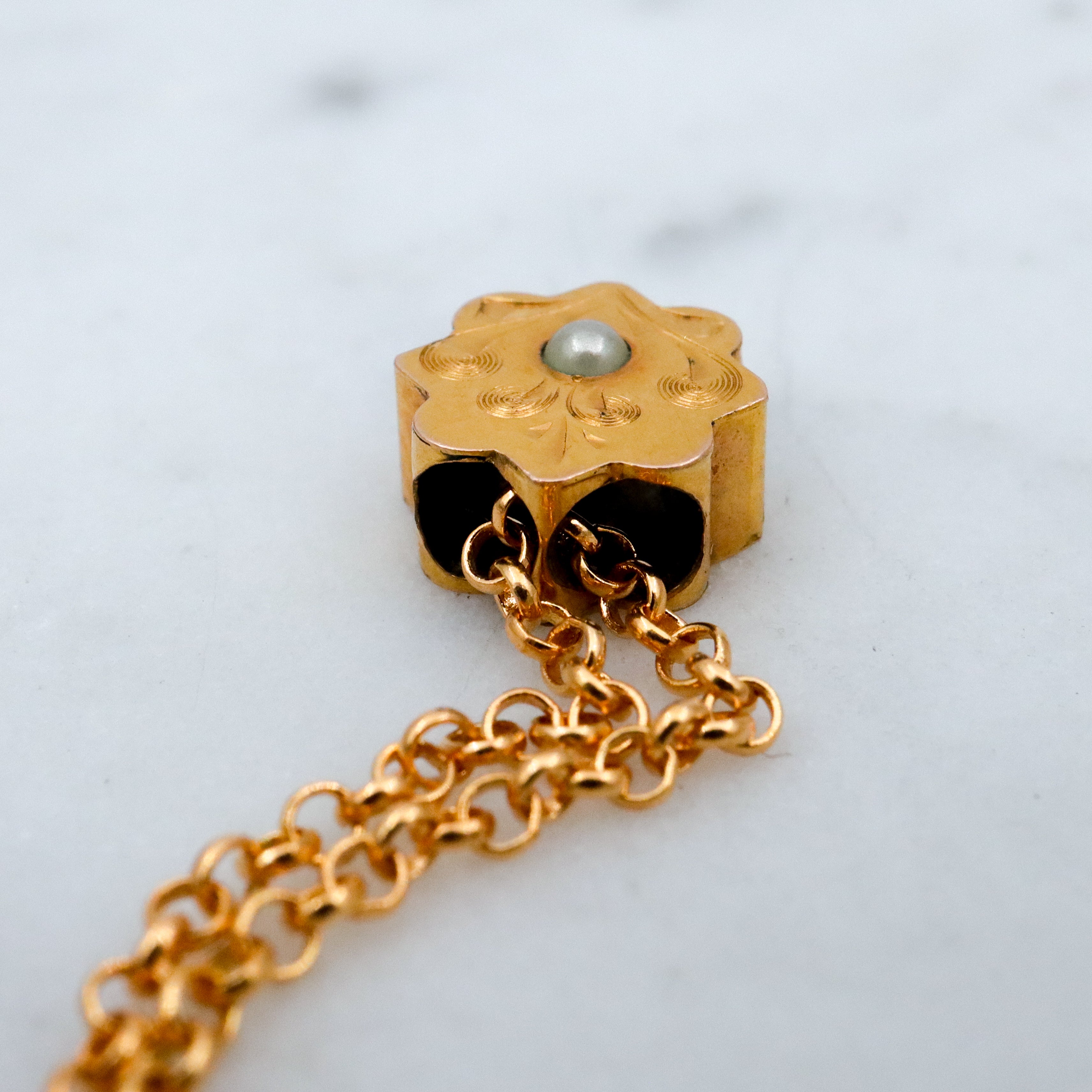 Antique Victorian 9k gold floral engraved slide charm necklace