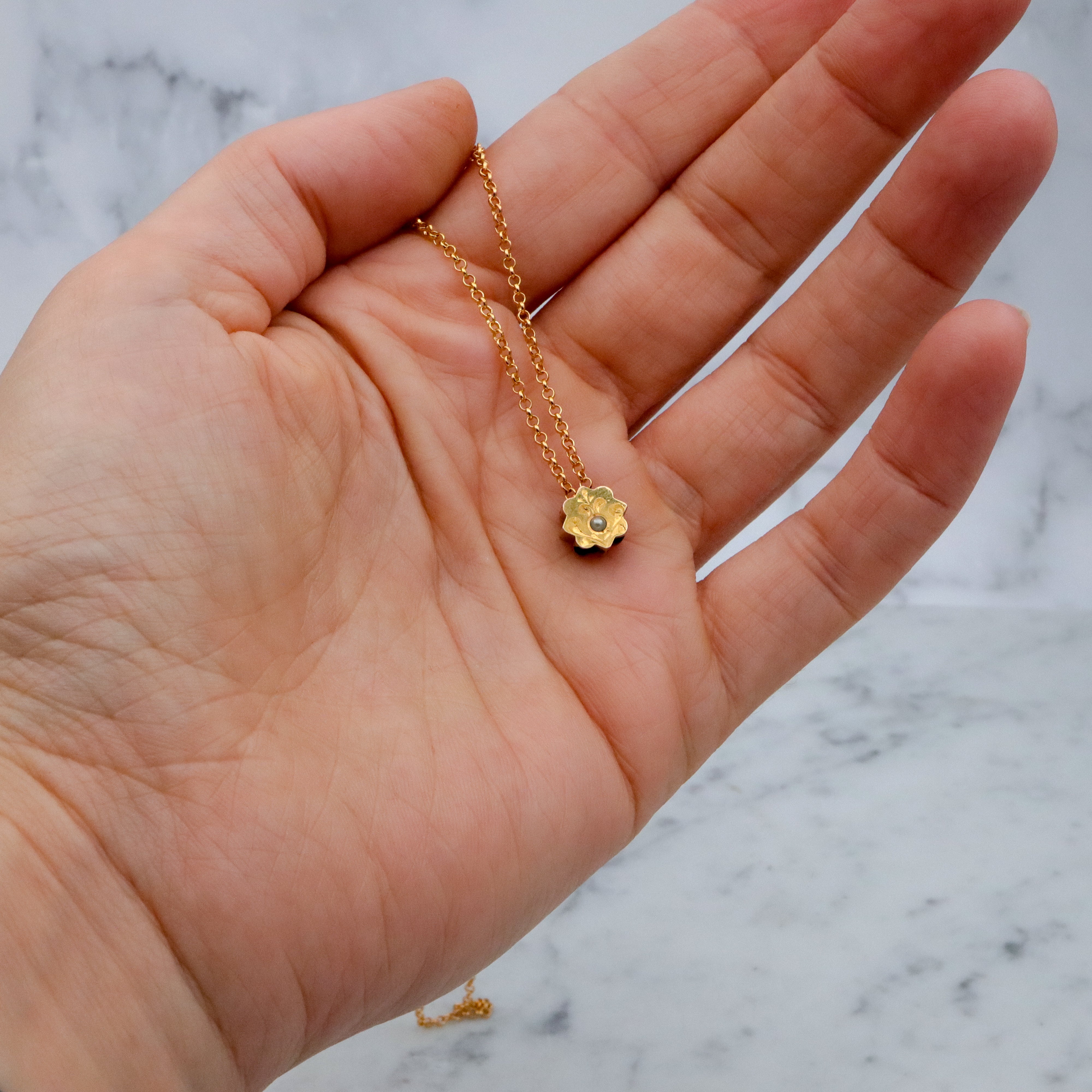 Antique Victorian 9k gold floral engraved slide charm necklace