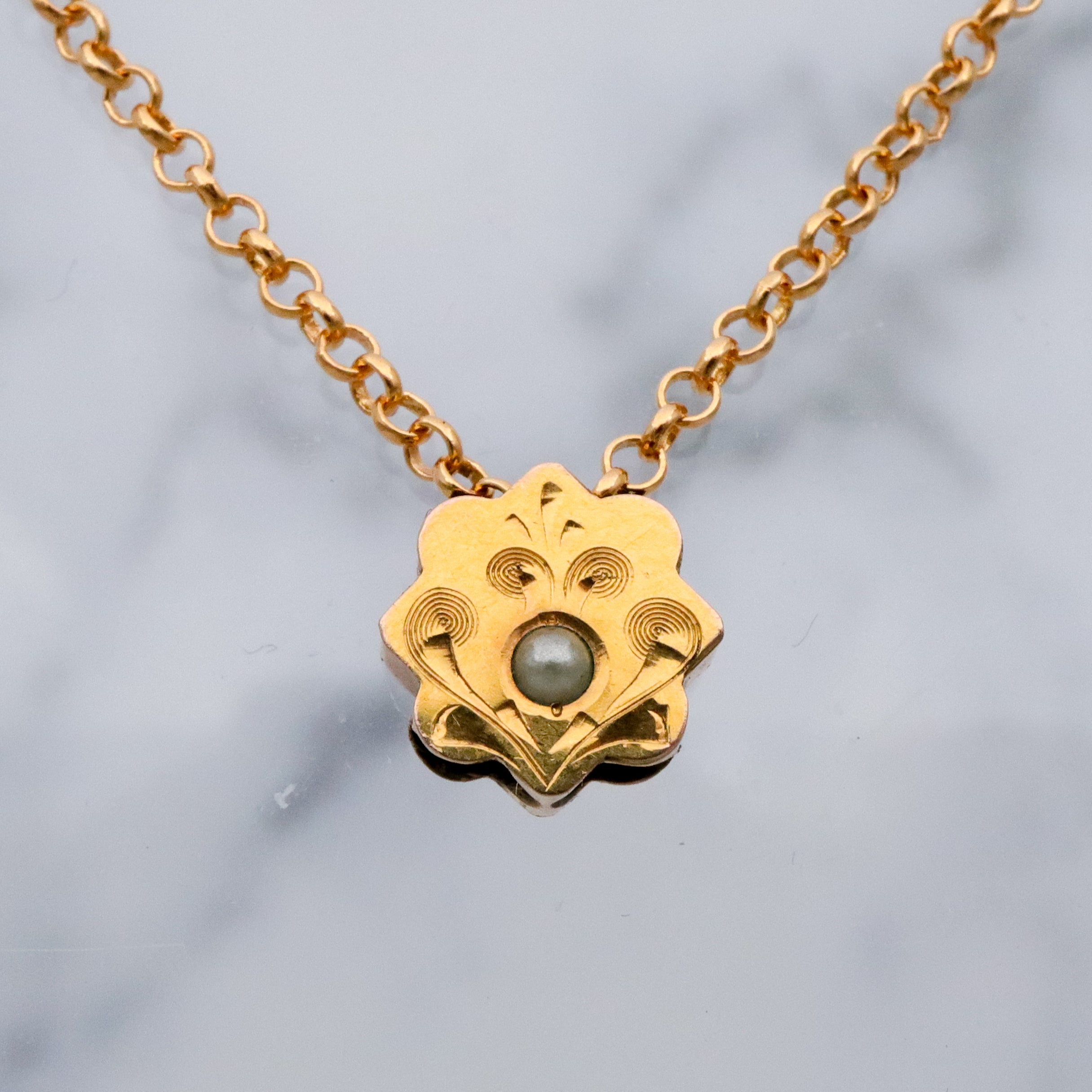 Antique Victorian 9k gold floral engraved slide charm necklace