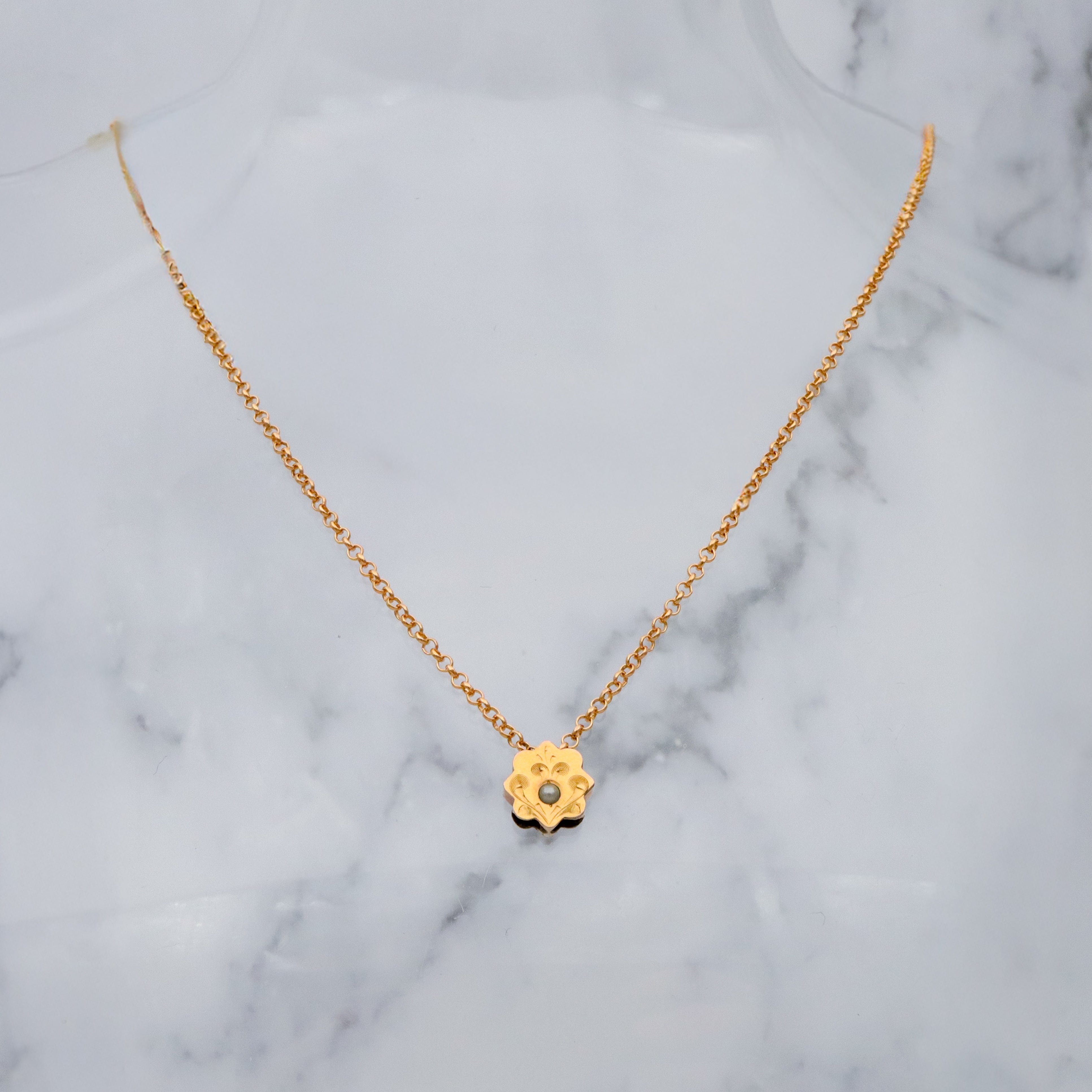 Antique Victorian 9k gold floral engraved slide charm necklace