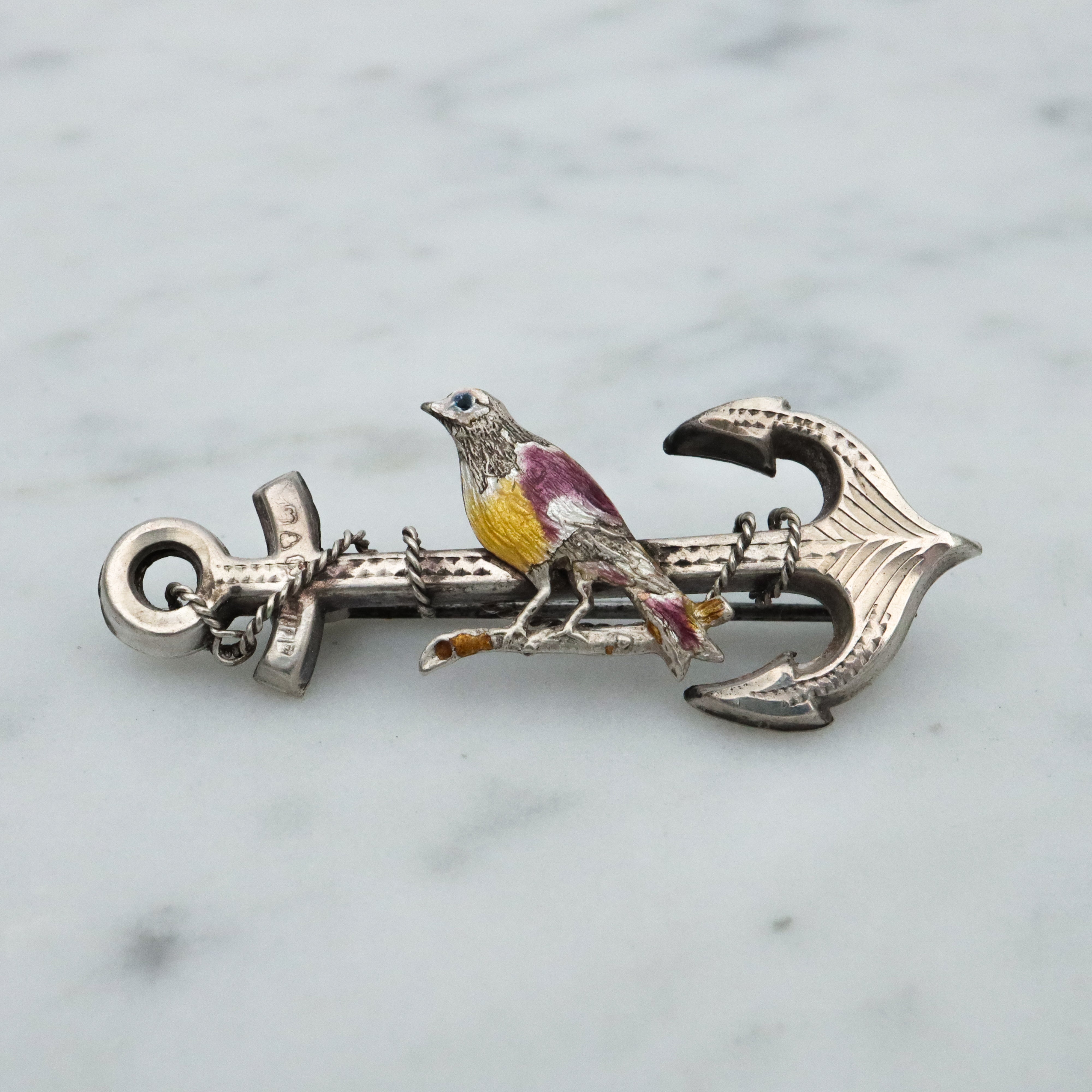 Antique late Victorian anchor & rope w/enamel bird sterling sweetheart brooch