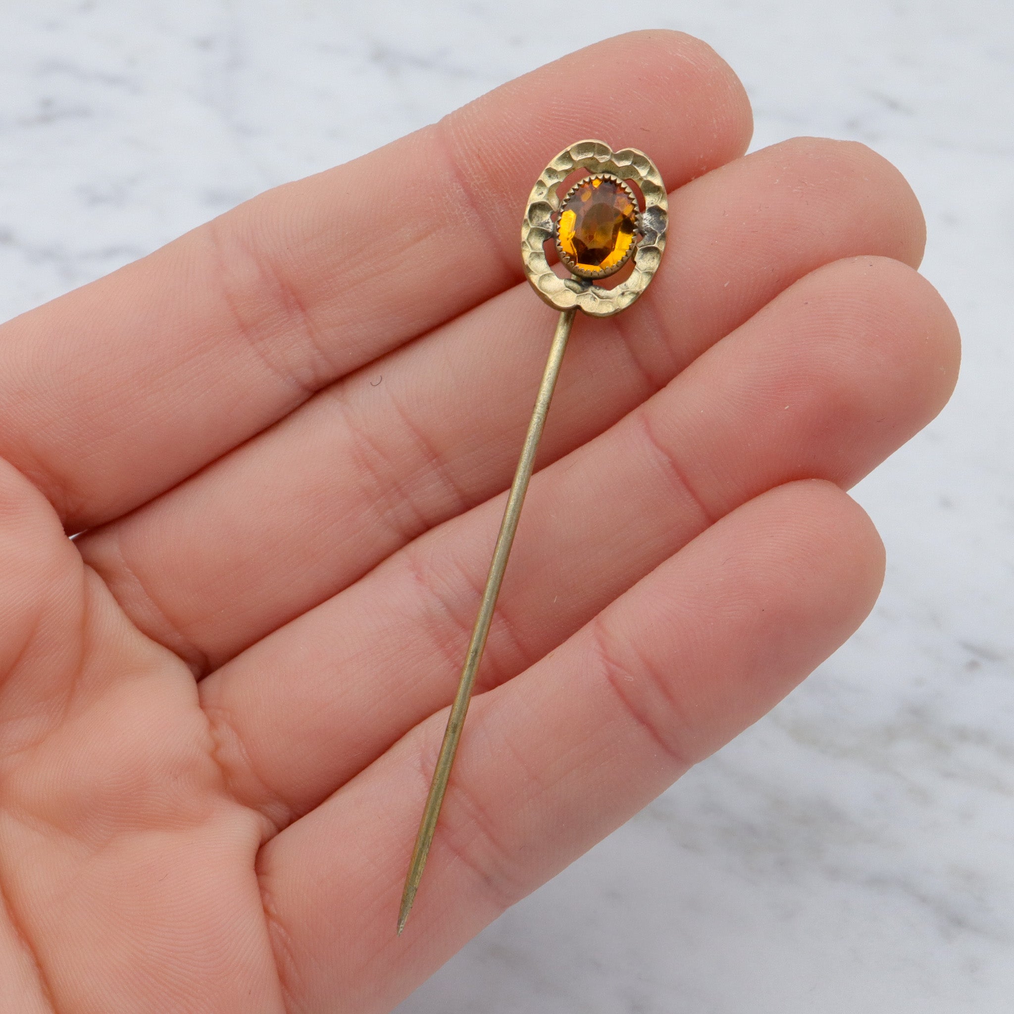 Antique Victorian gilt metal faux citrine hammered stick pin