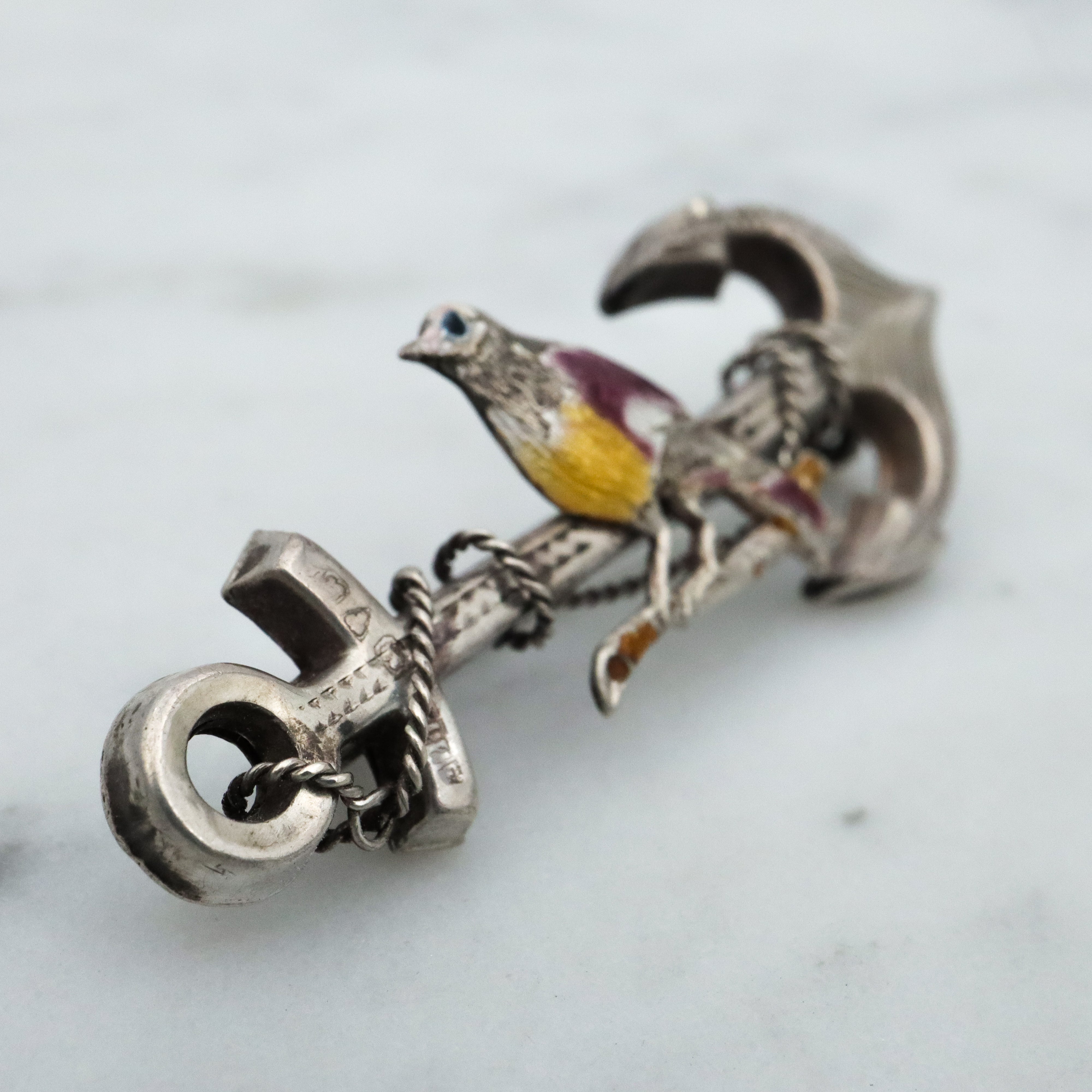 Antique late Victorian anchor & rope w/enamel bird sterling sweetheart brooch