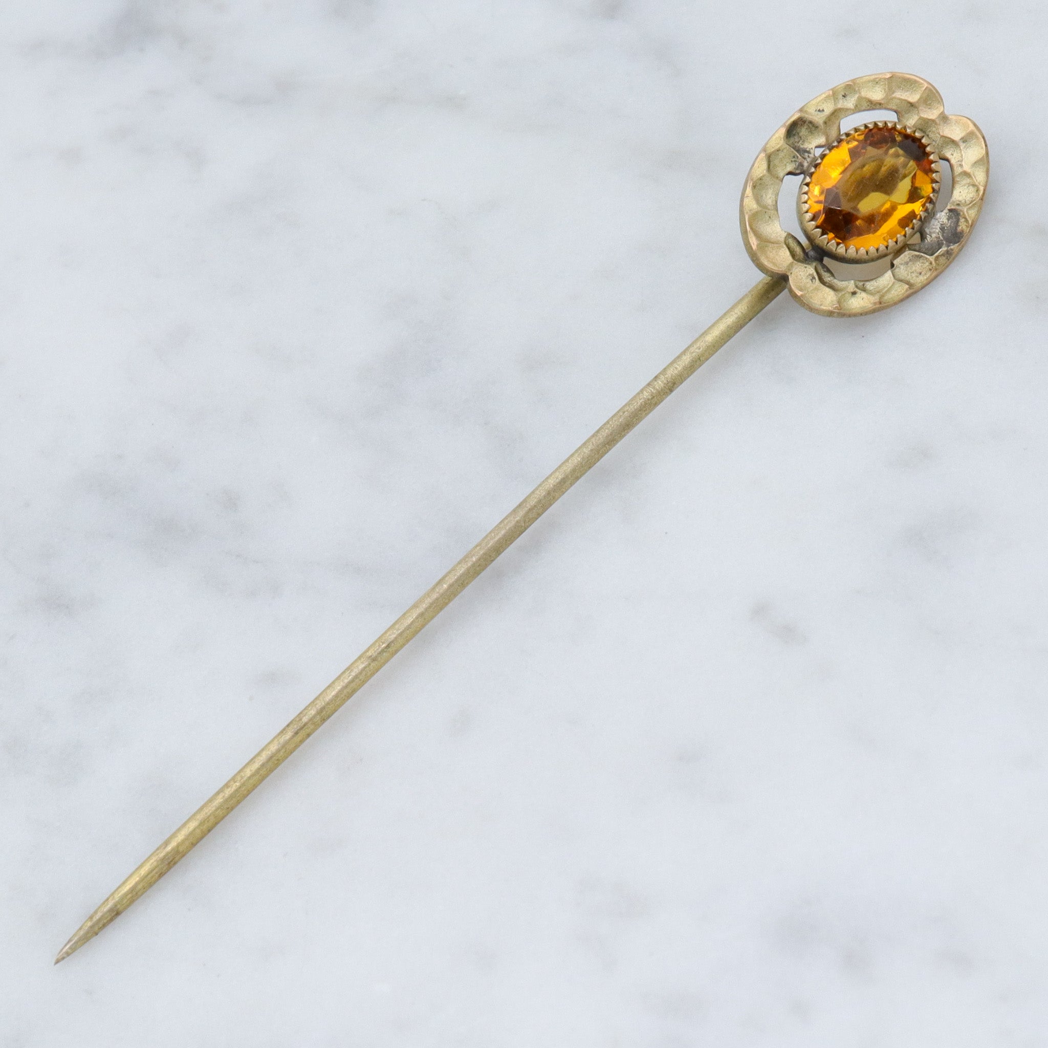 Antique Victorian gilt metal faux citrine hammered stick pin