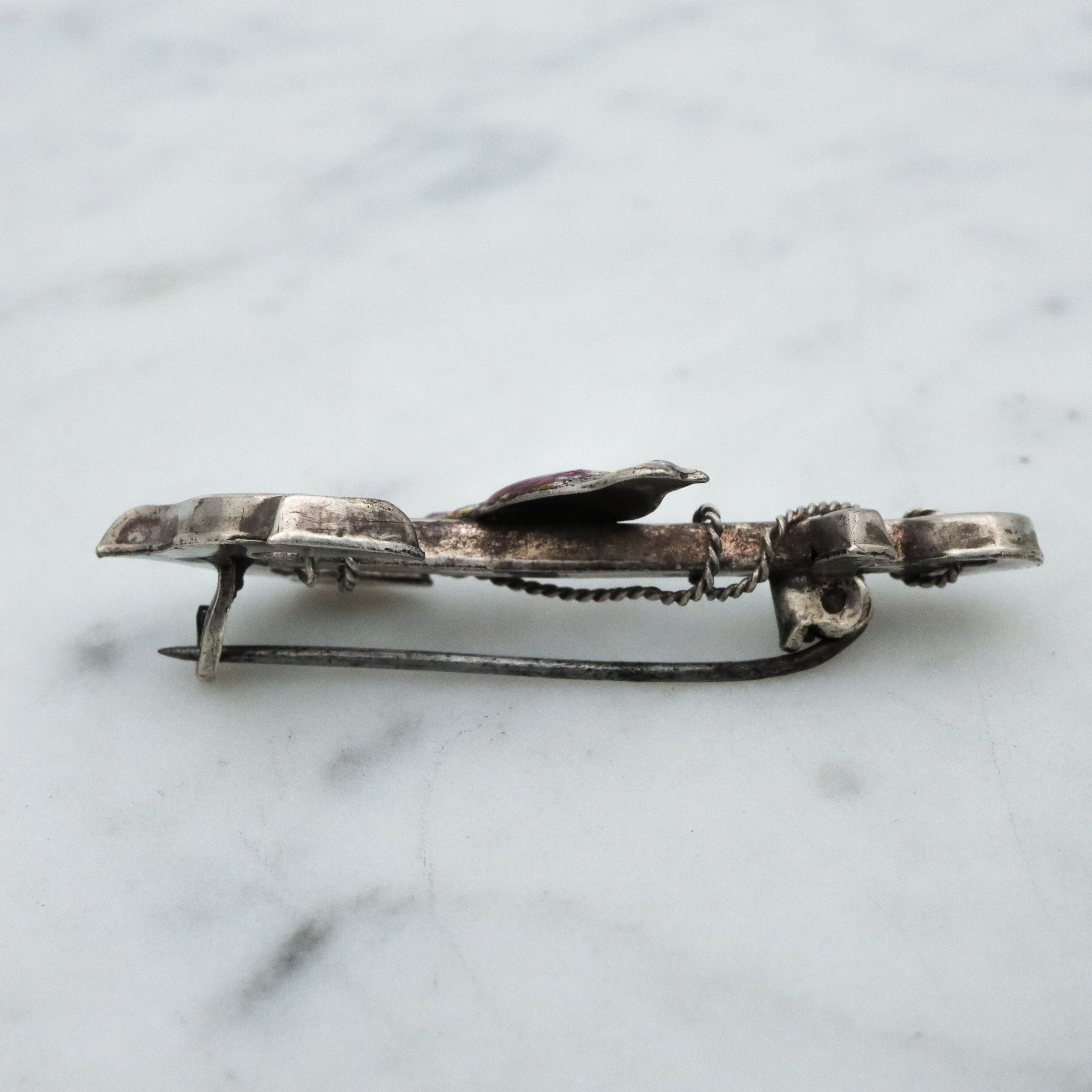 Antique late Victorian anchor & rope w/enamel bird sterling sweetheart brooch