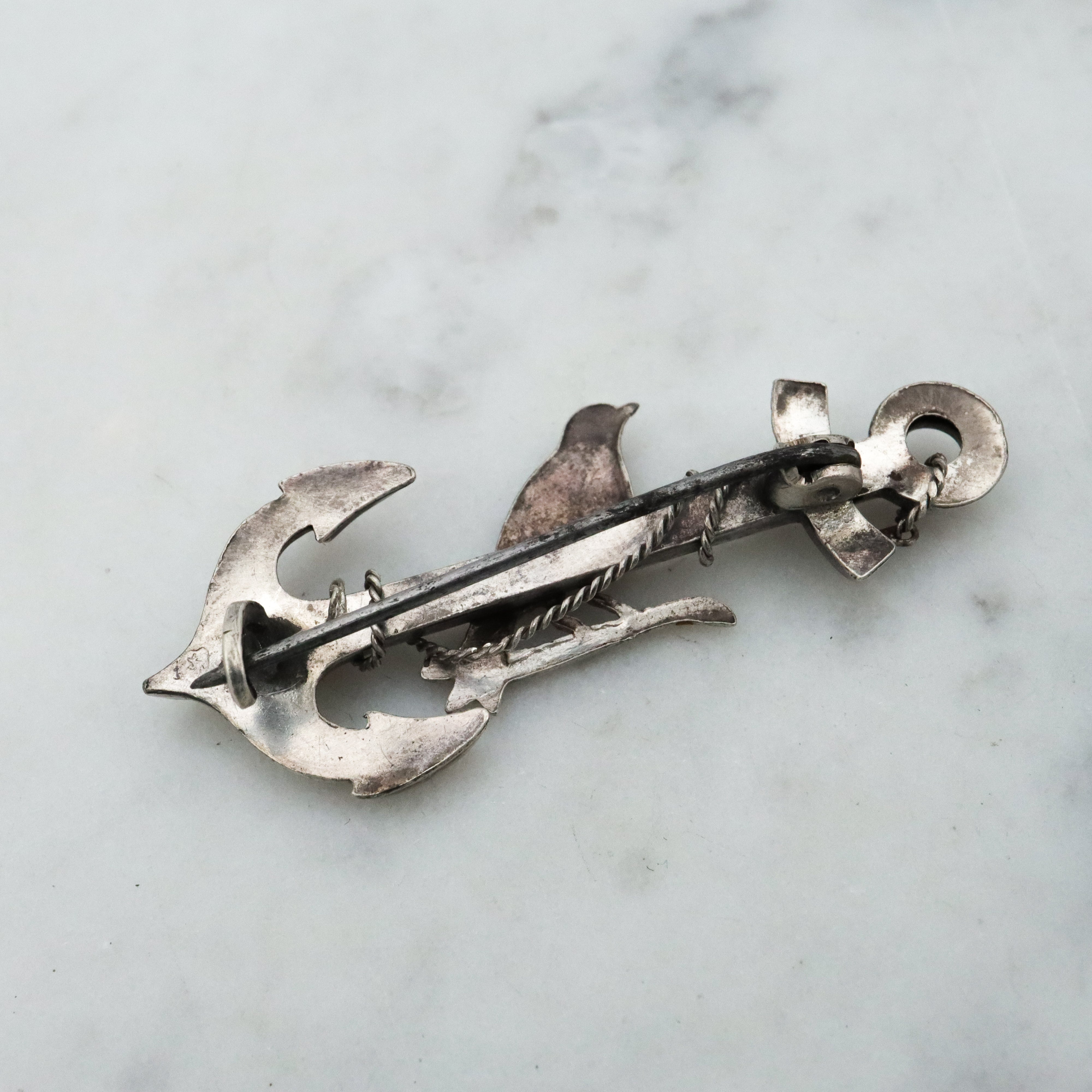 Antique late Victorian anchor & rope w/enamel bird sterling sweetheart brooch