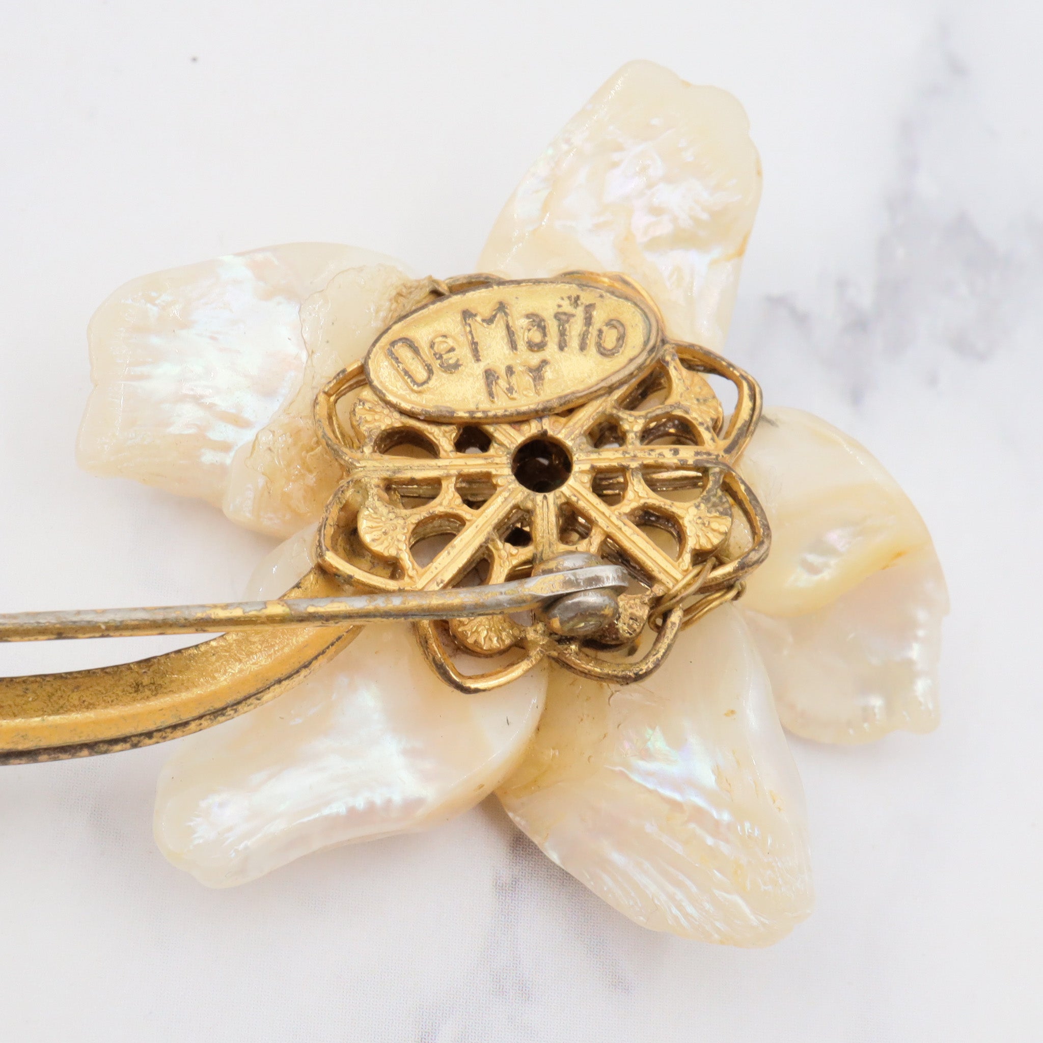 Vintage de mario baroque pearl and rhinestone gold plated flower brooch