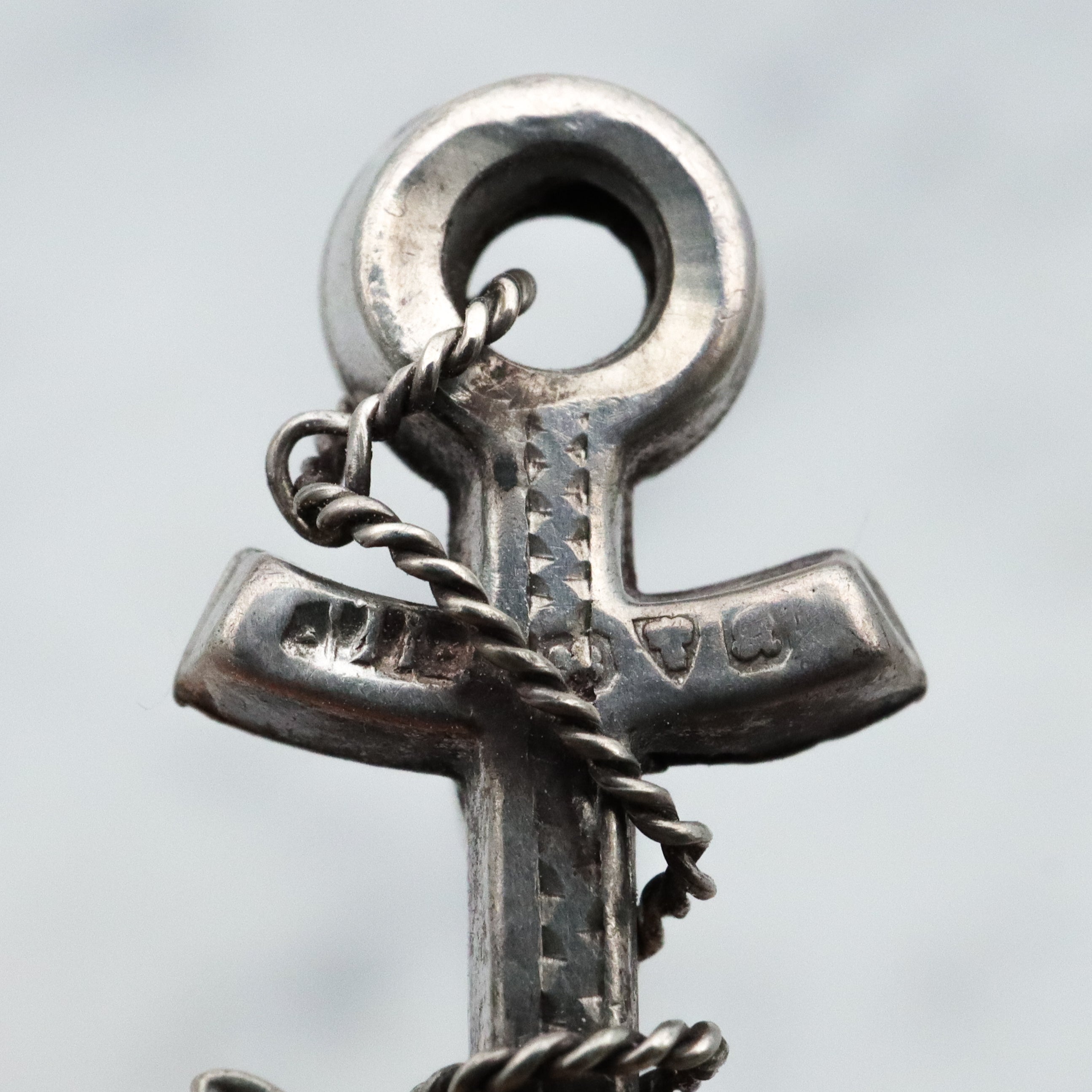 Antique late Victorian anchor & rope w/enamel bird sterling sweetheart brooch