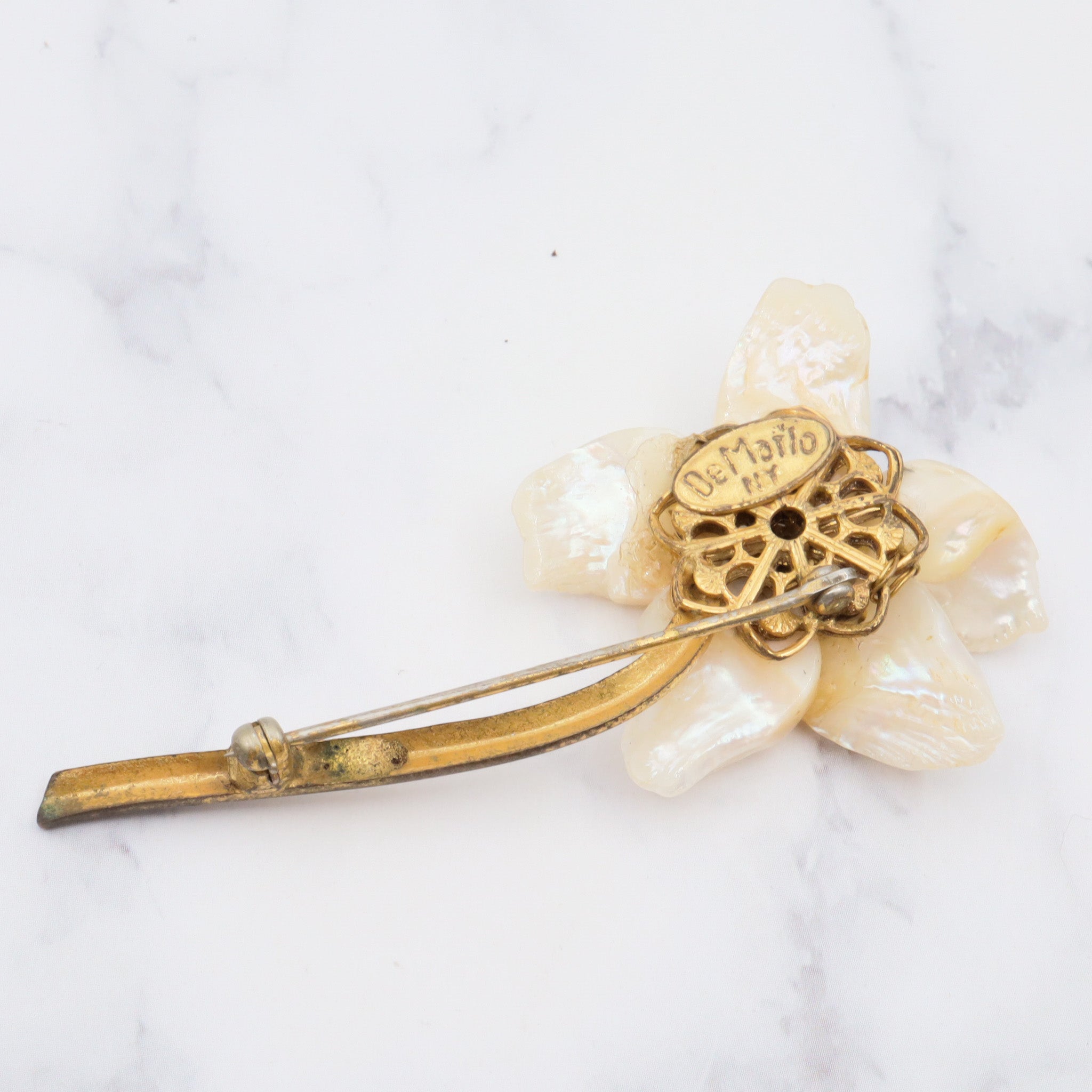 Vintage de mario baroque pearl and rhinestone gold plated flower brooch