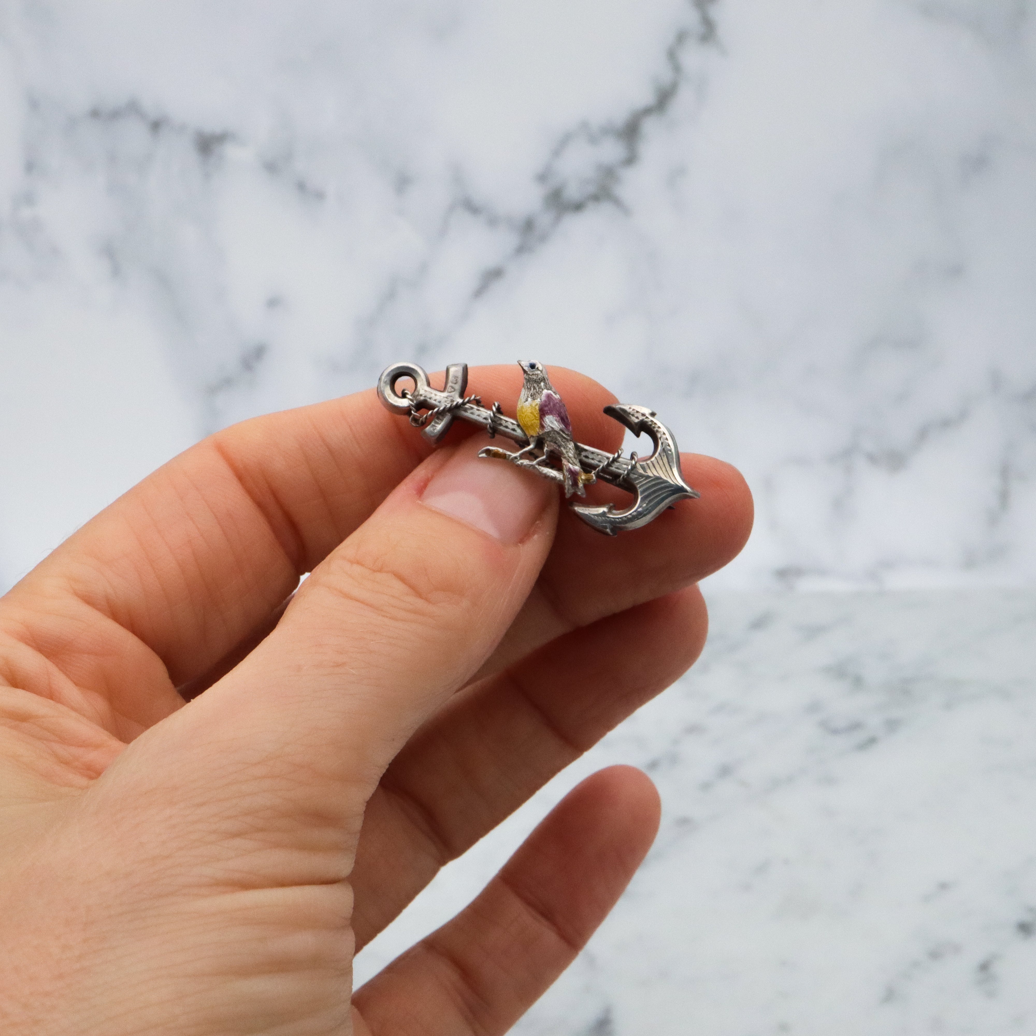 Antique late Victorian anchor & rope w/enamel bird sterling sweetheart brooch