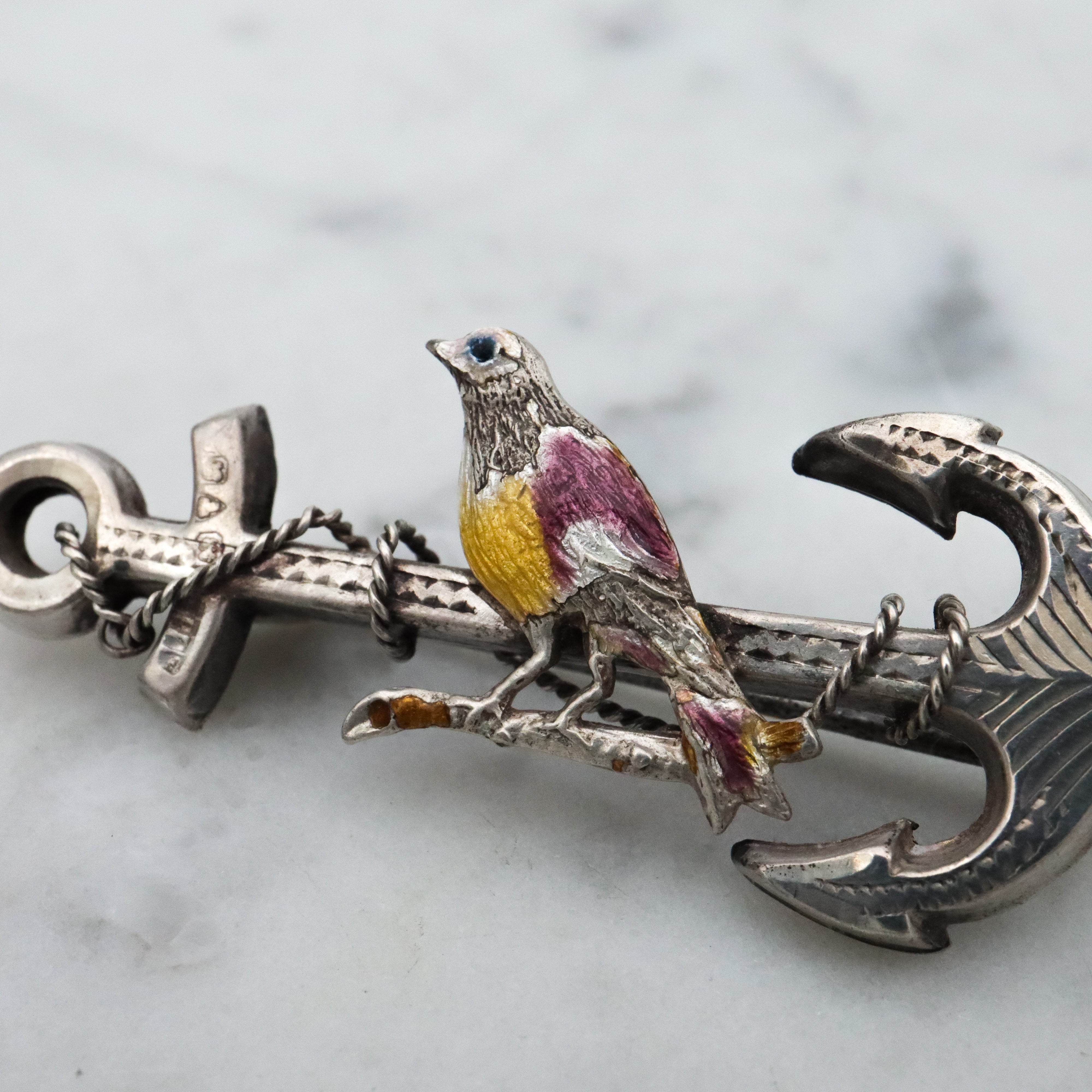 Antique late Victorian anchor & rope w/enamel bird sterling sweetheart brooch