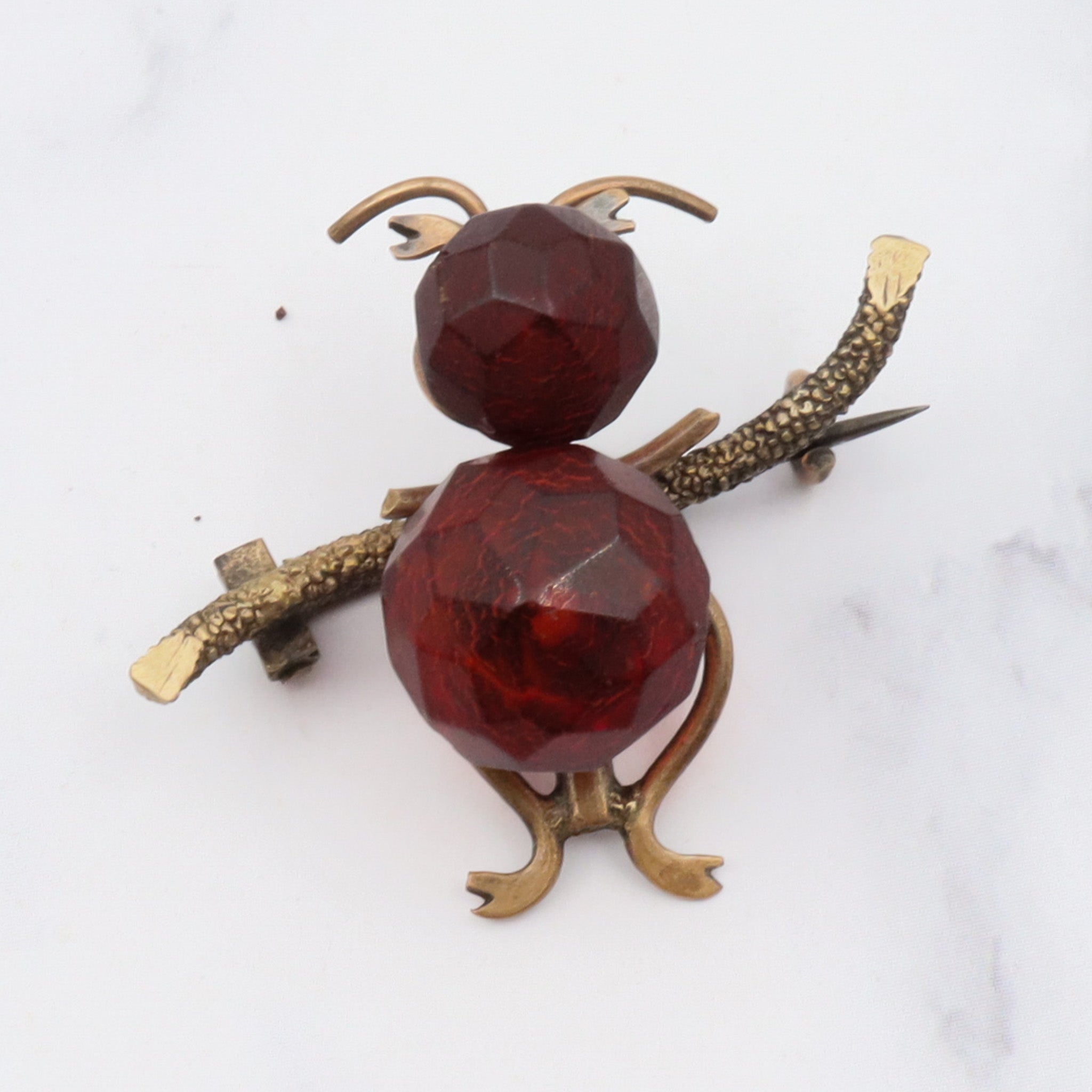 Antique brass and faceted amber large insect brooch