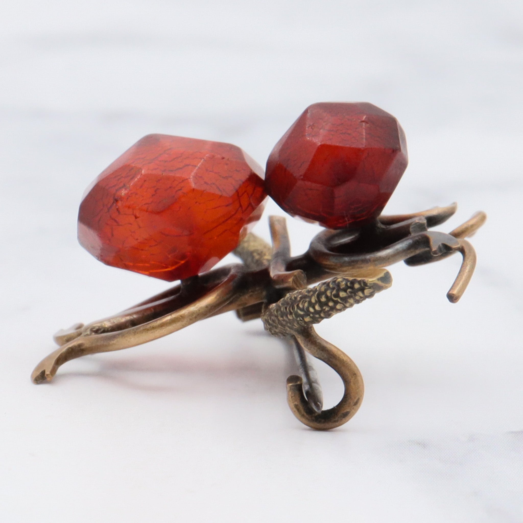 Antique brass and faceted amber large insect brooch