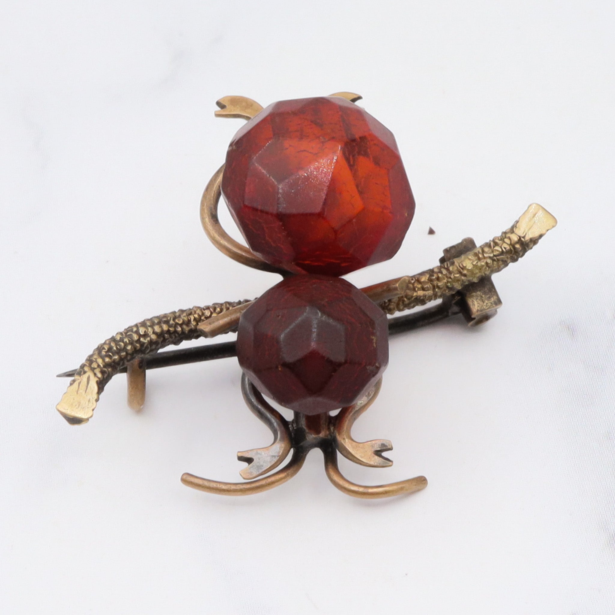 Antique brass and faceted amber large insect brooch