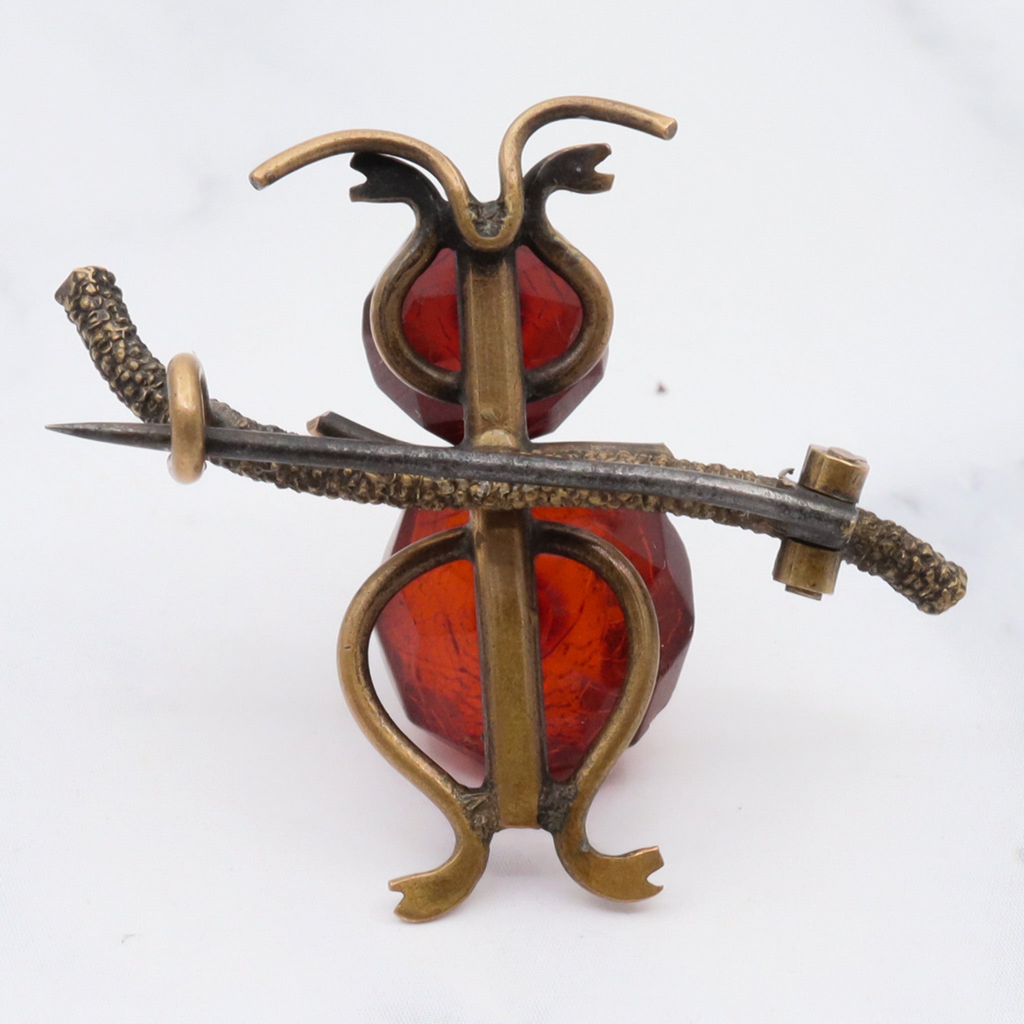 Antique brass and faceted amber large insect brooch