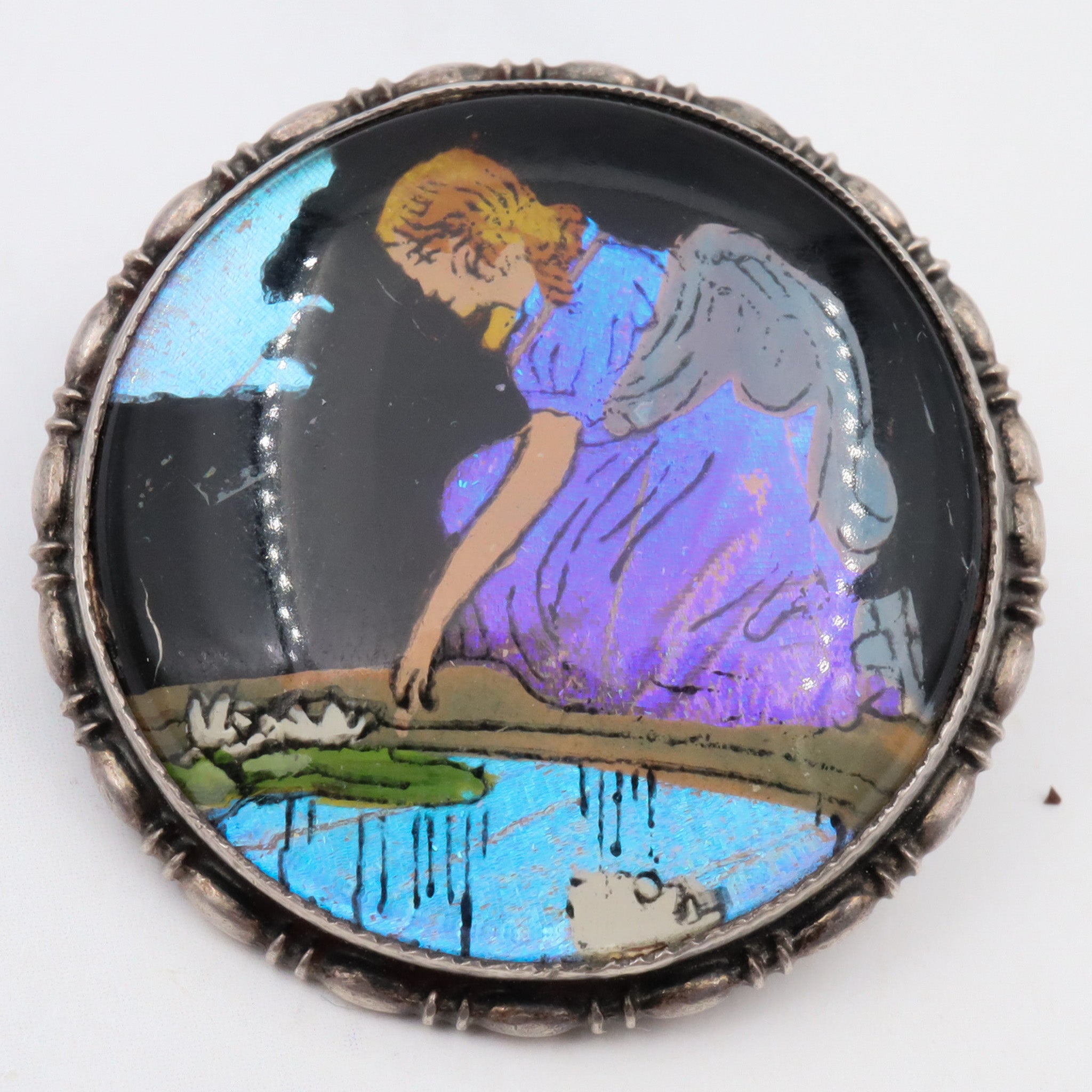 Rare 1924 English sterling silver reverse hand painted girl by river on morpho butterfly wing pin/ brooch
