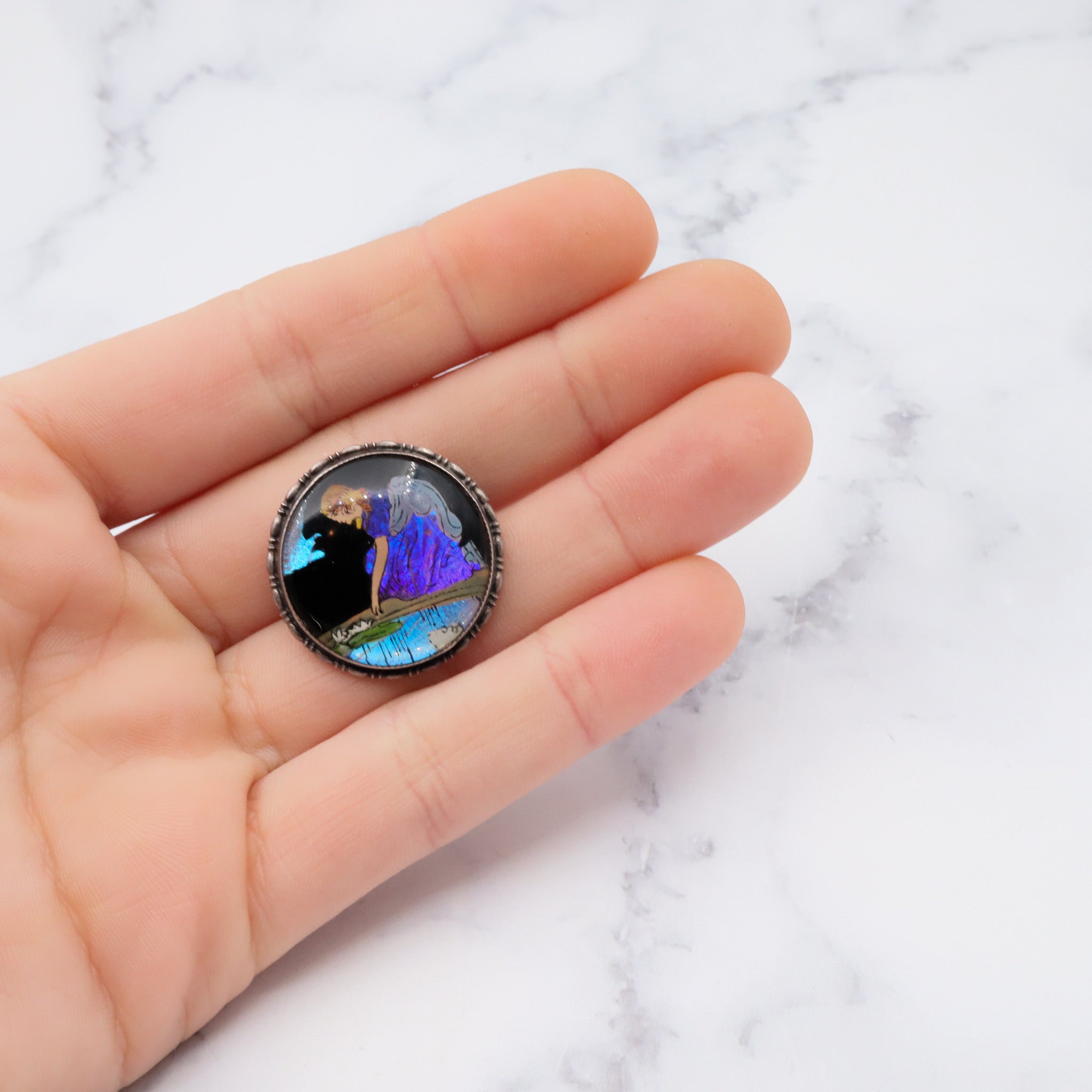 Rare 1924 English sterling silver reverse hand painted girl by river on morpho butterfly wing pin/ brooch