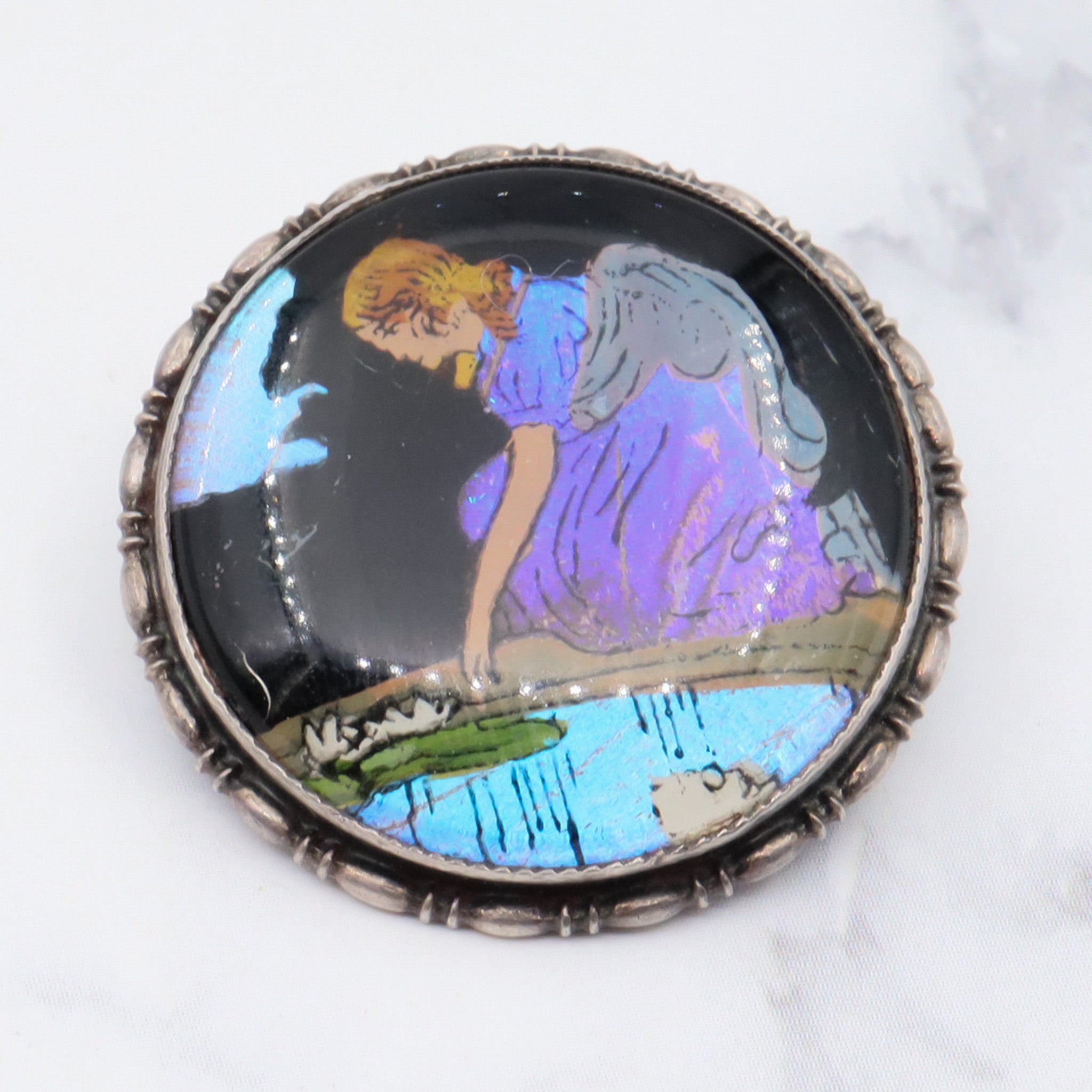 Rare 1924 English sterling silver reverse hand painted girl by river on morpho butterfly wing pin/ brooch