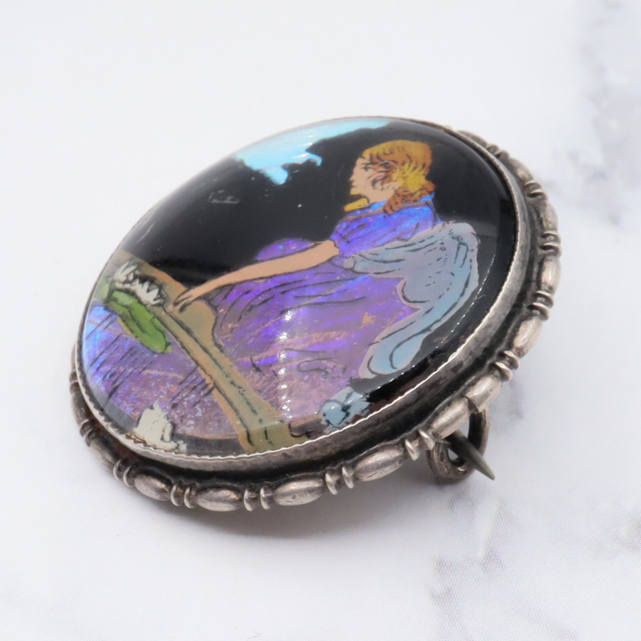 Rare 1924 English sterling silver reverse hand painted girl by river on morpho butterfly wing pin/ brooch