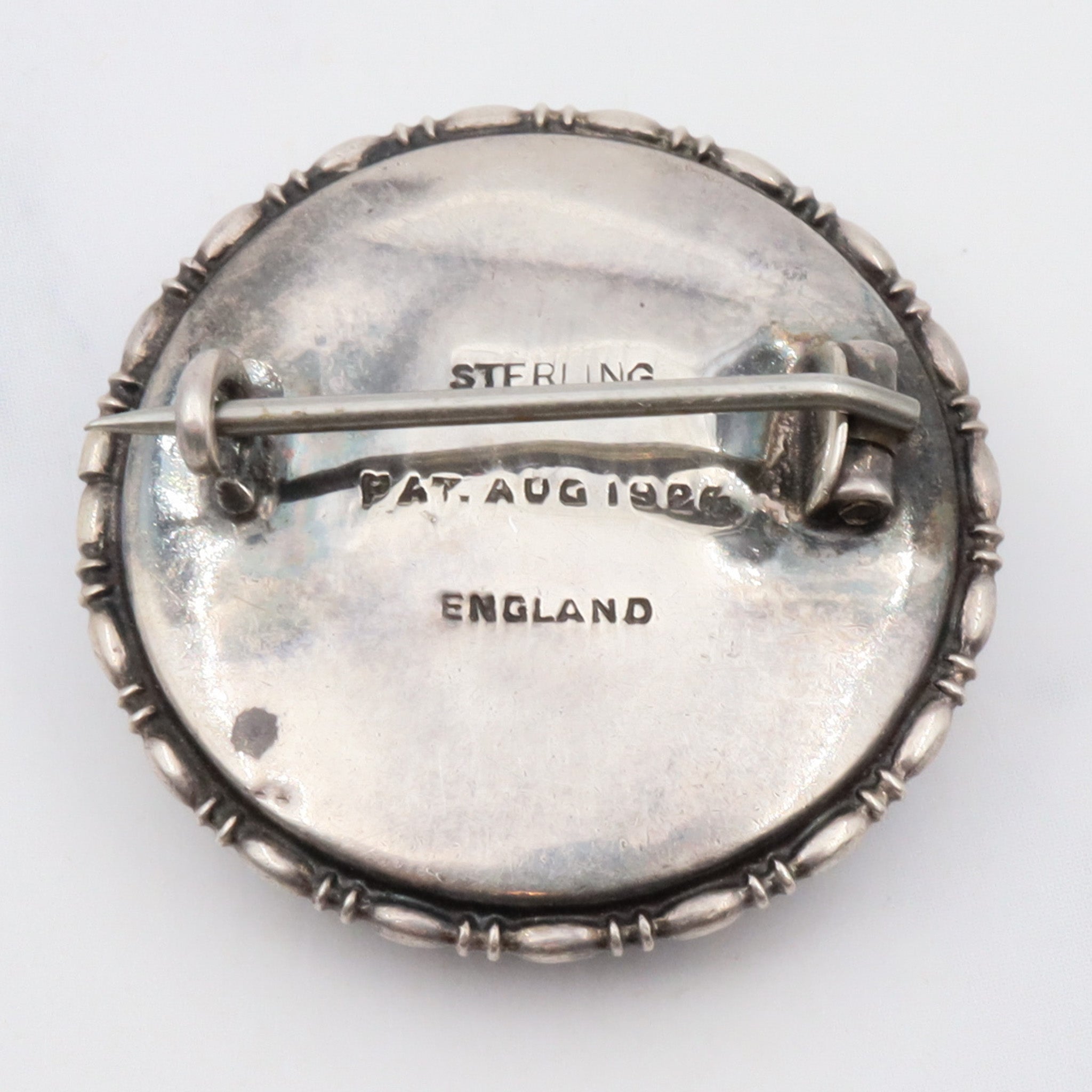 Rare 1924 English sterling silver reverse hand painted girl by river on morpho butterfly wing pin/ brooch