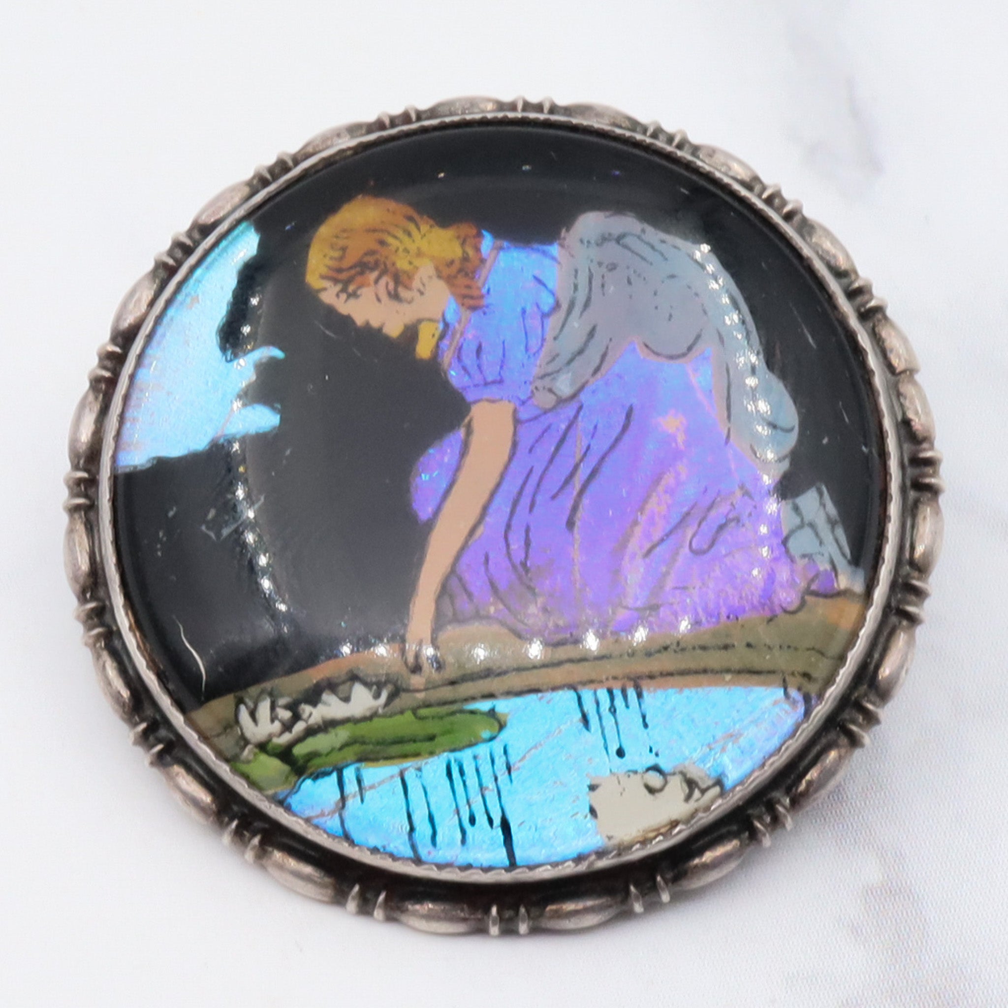 Rare 1924 English sterling silver reverse hand painted girl by river on morpho butterfly wing pin/ brooch