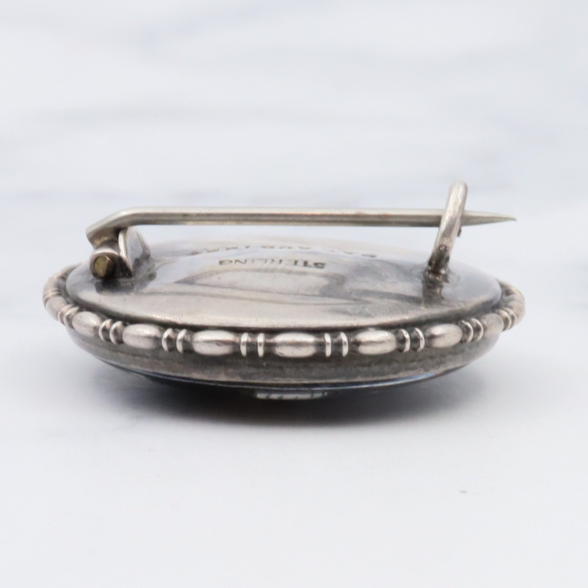 Rare 1924 English sterling silver reverse hand painted girl by river on morpho butterfly wing pin/ brooch