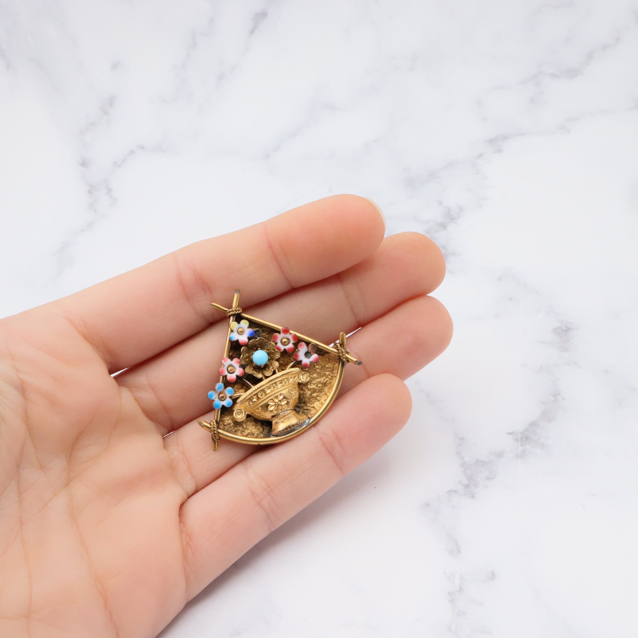 Antique victorian pinch back and enamel flower vase brooch