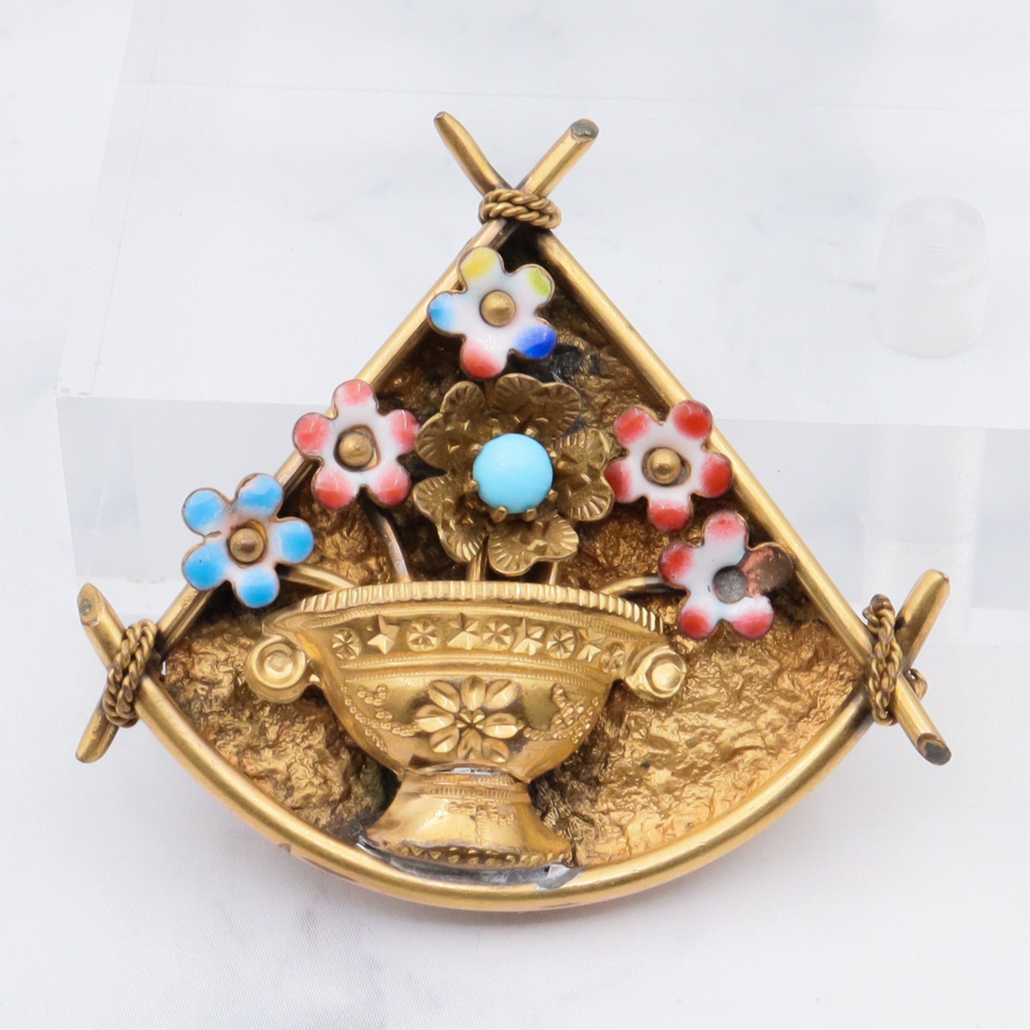 Antique victorian pinch back and enamel flower vase brooch