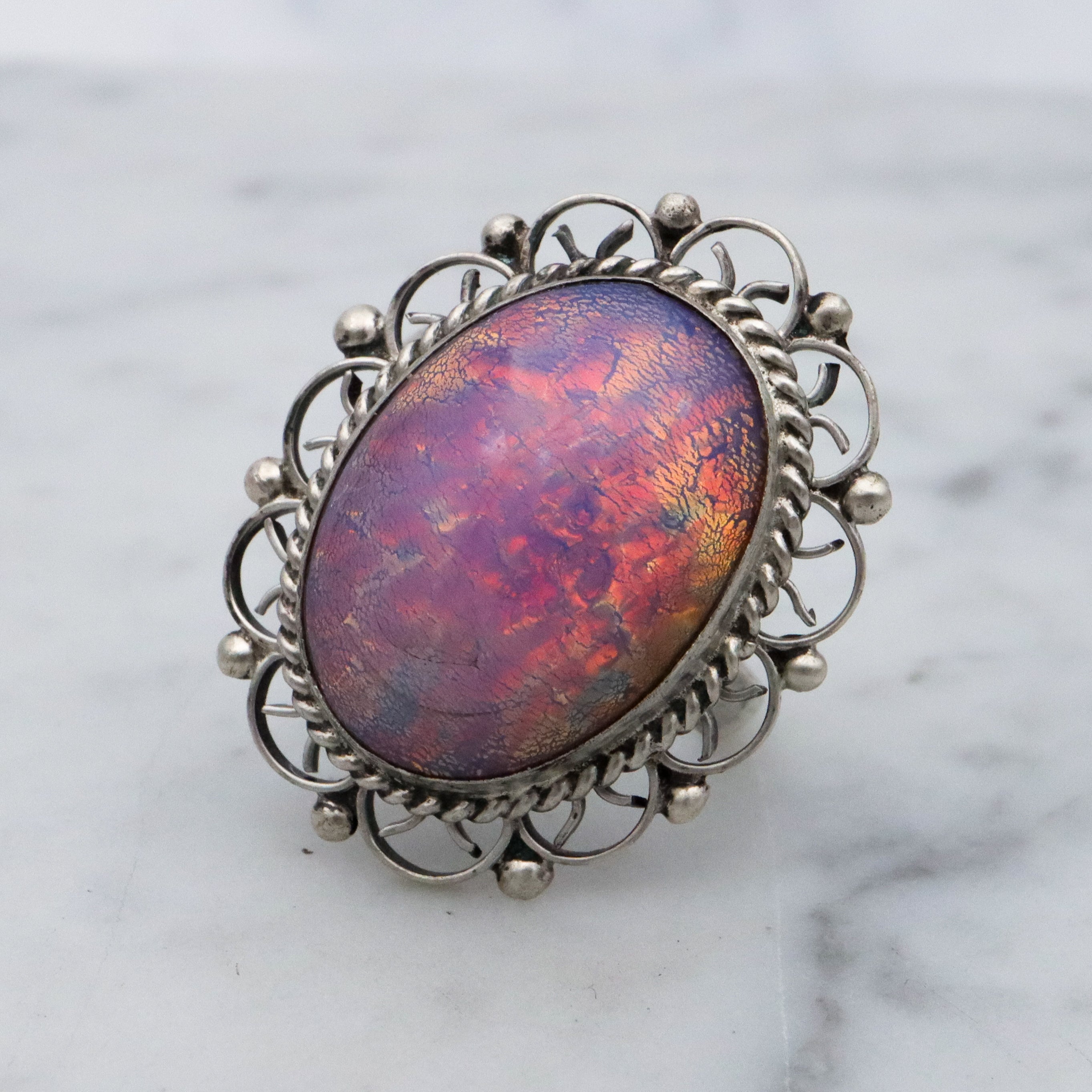 Retro Mexican sterling dragon's breath faux opal ring, size 6.5