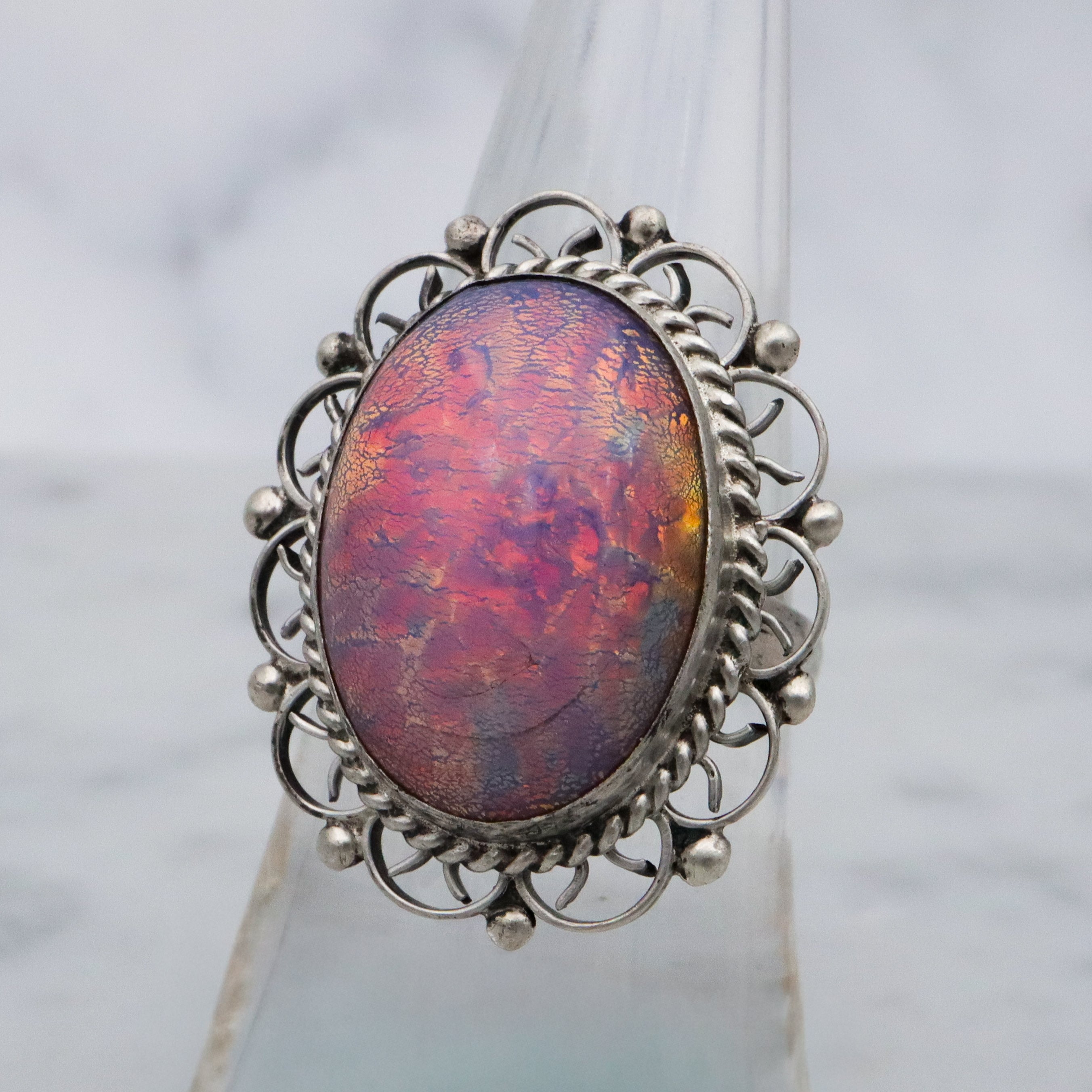 Retro Mexican sterling dragon's breath faux opal ring, size 6.5