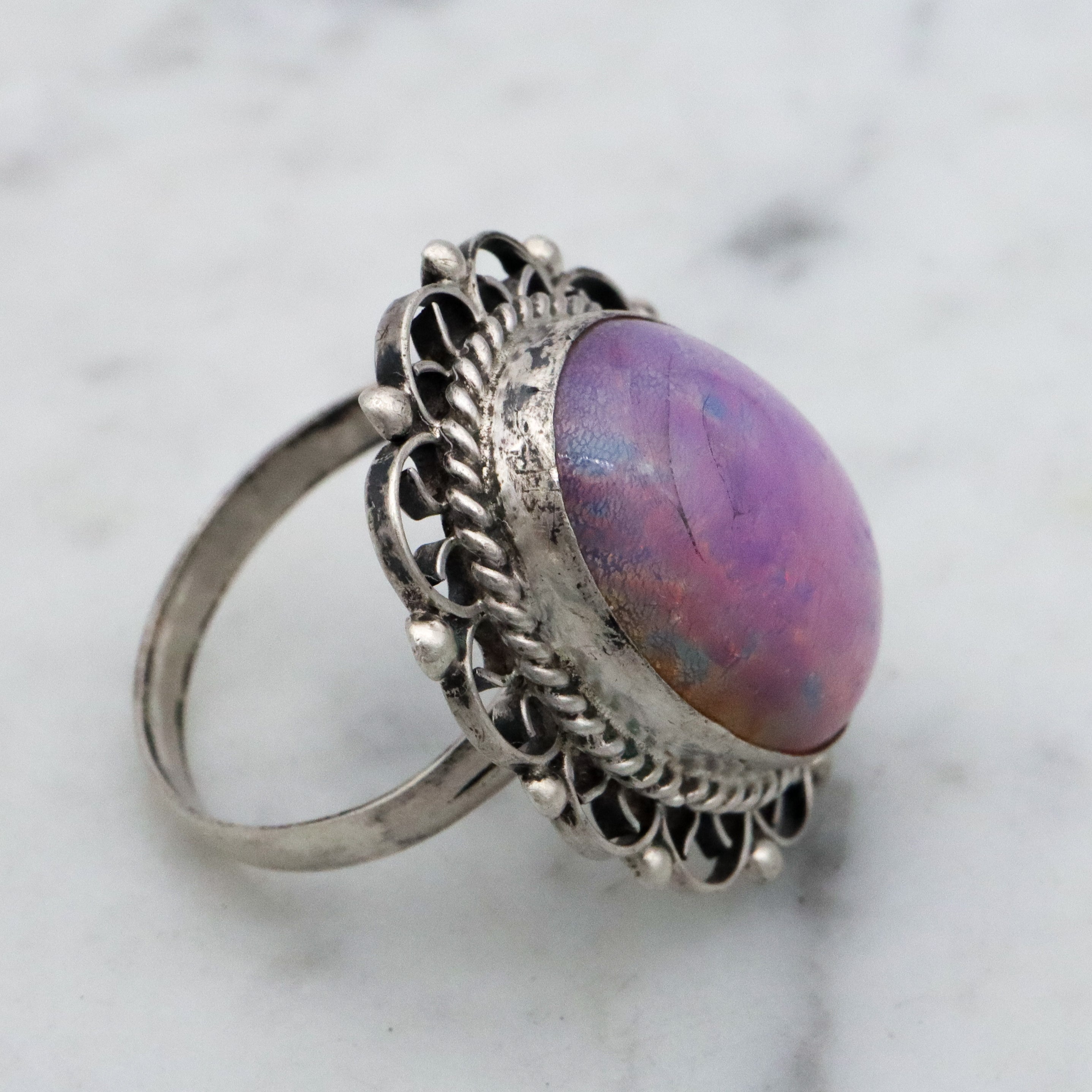 Retro Mexican sterling dragon's breath faux opal ring, size 6.5