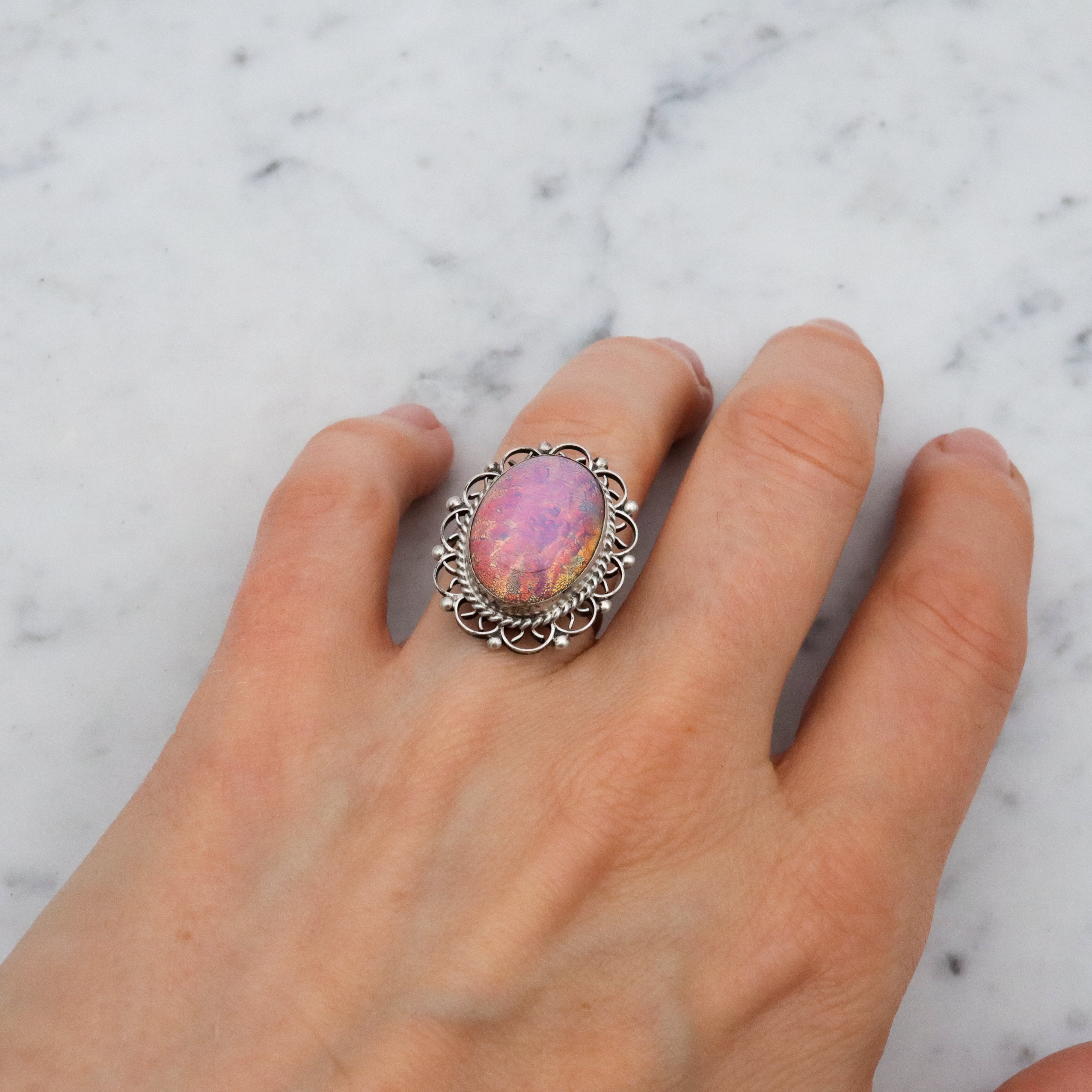 Retro Mexican sterling dragon's breath faux opal ring, size 6.5