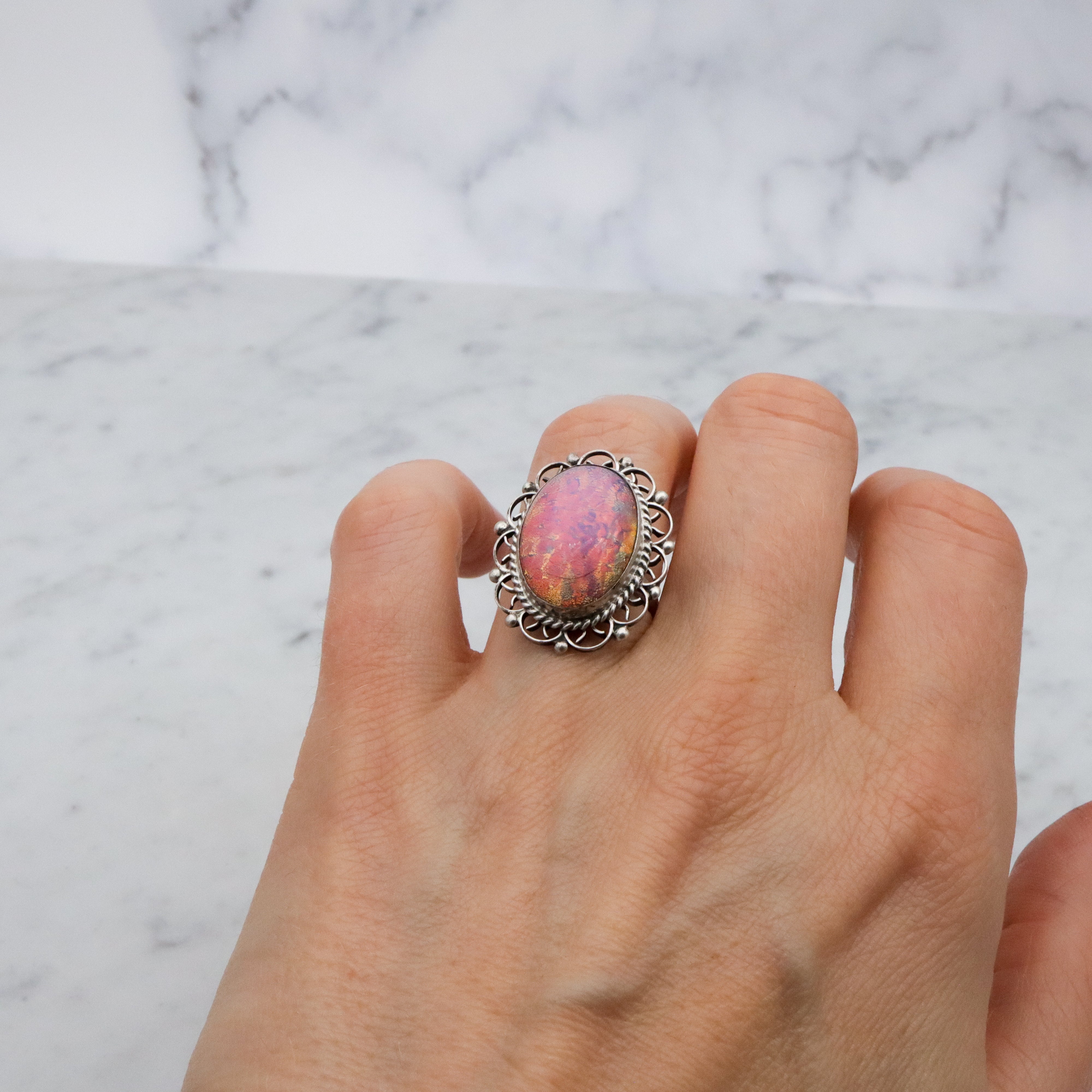 Retro Mexican sterling dragon's breath faux opal ring, size 6.5