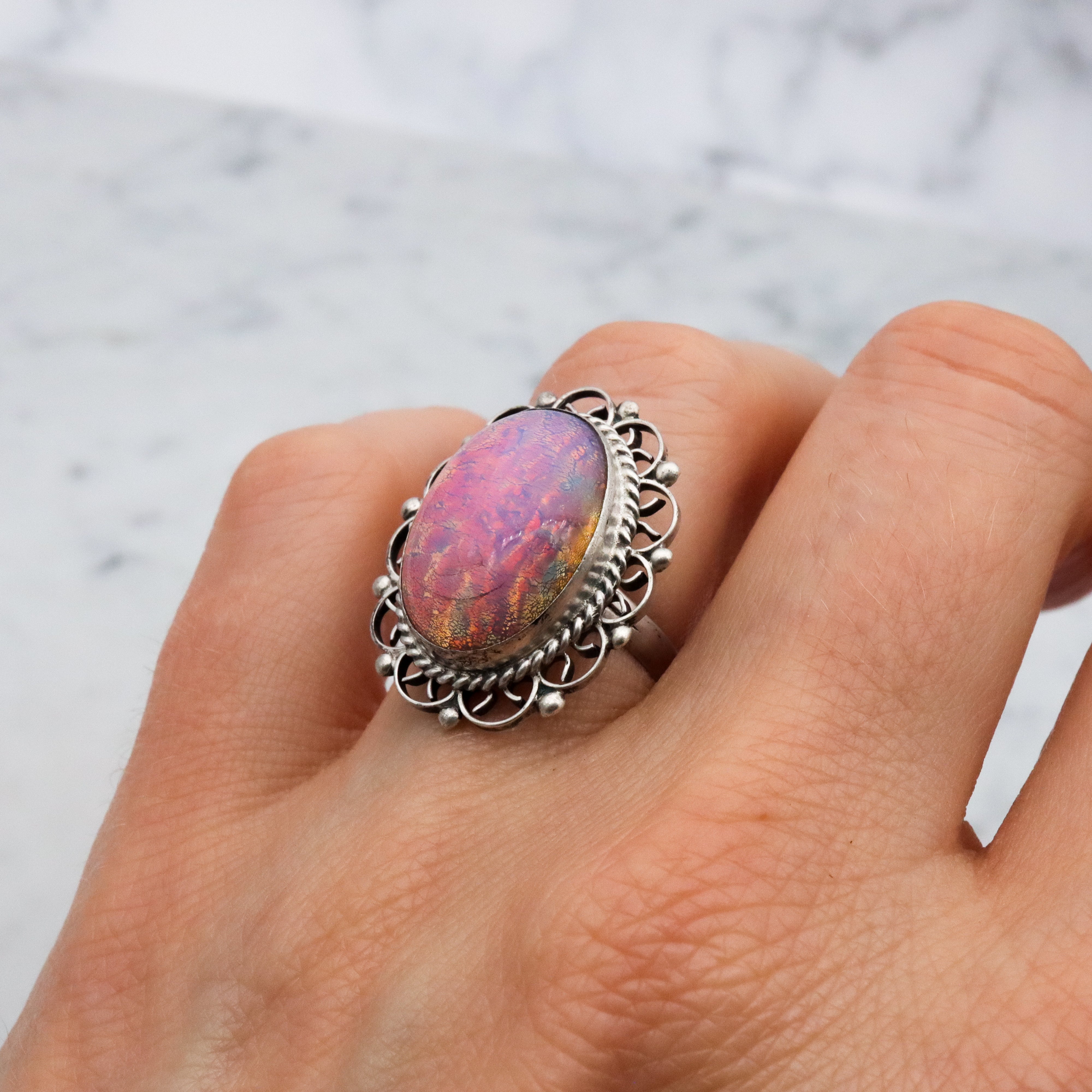 Retro Mexican sterling dragon's breath faux opal ring, size 6.5