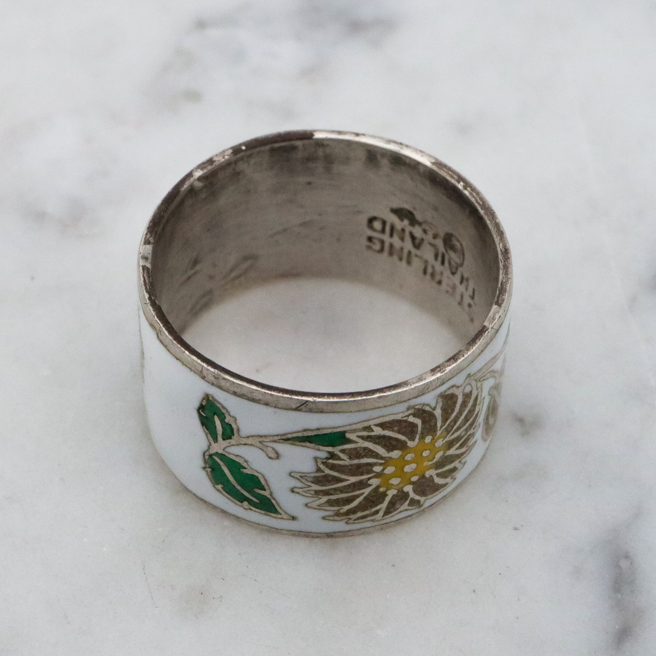 Retro sterling Thai enamel chrysanthemum band, size 5