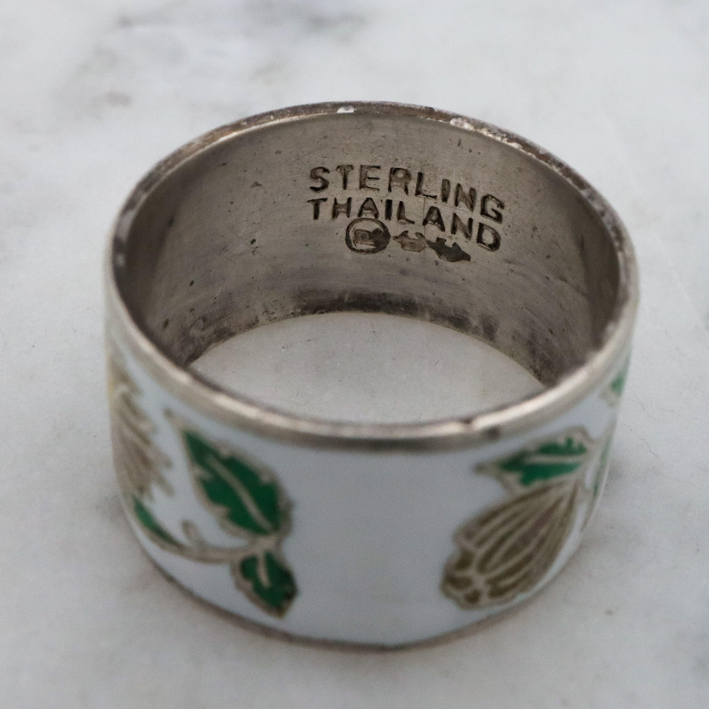 Retro sterling Thai enamel chrysanthemum band, size 5