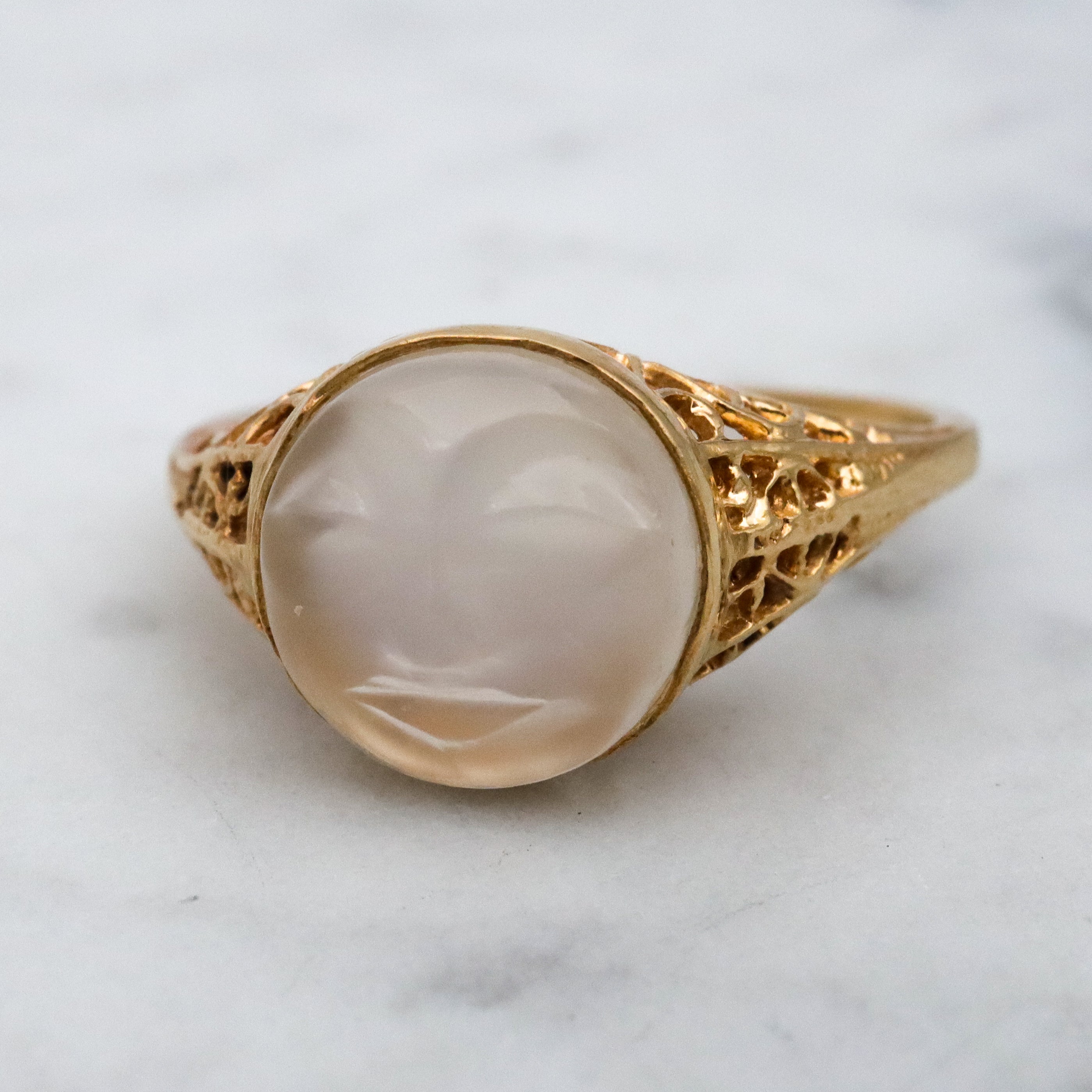 Victorian style 18k gold filigree Man on the Moon moonstone ring, size 6.5