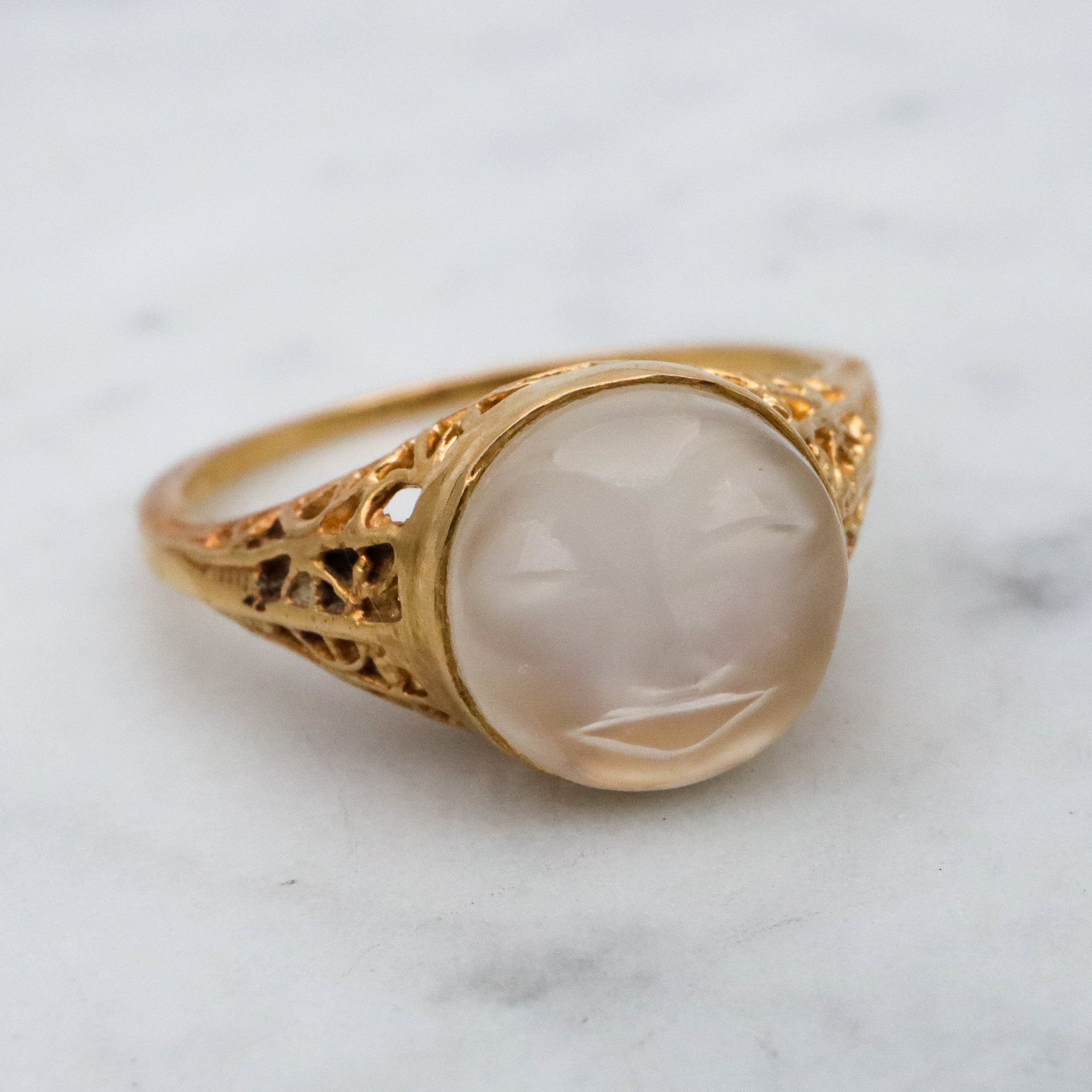 Victorian style 18k gold filigree Man on the Moon moonstone ring, size 6.5