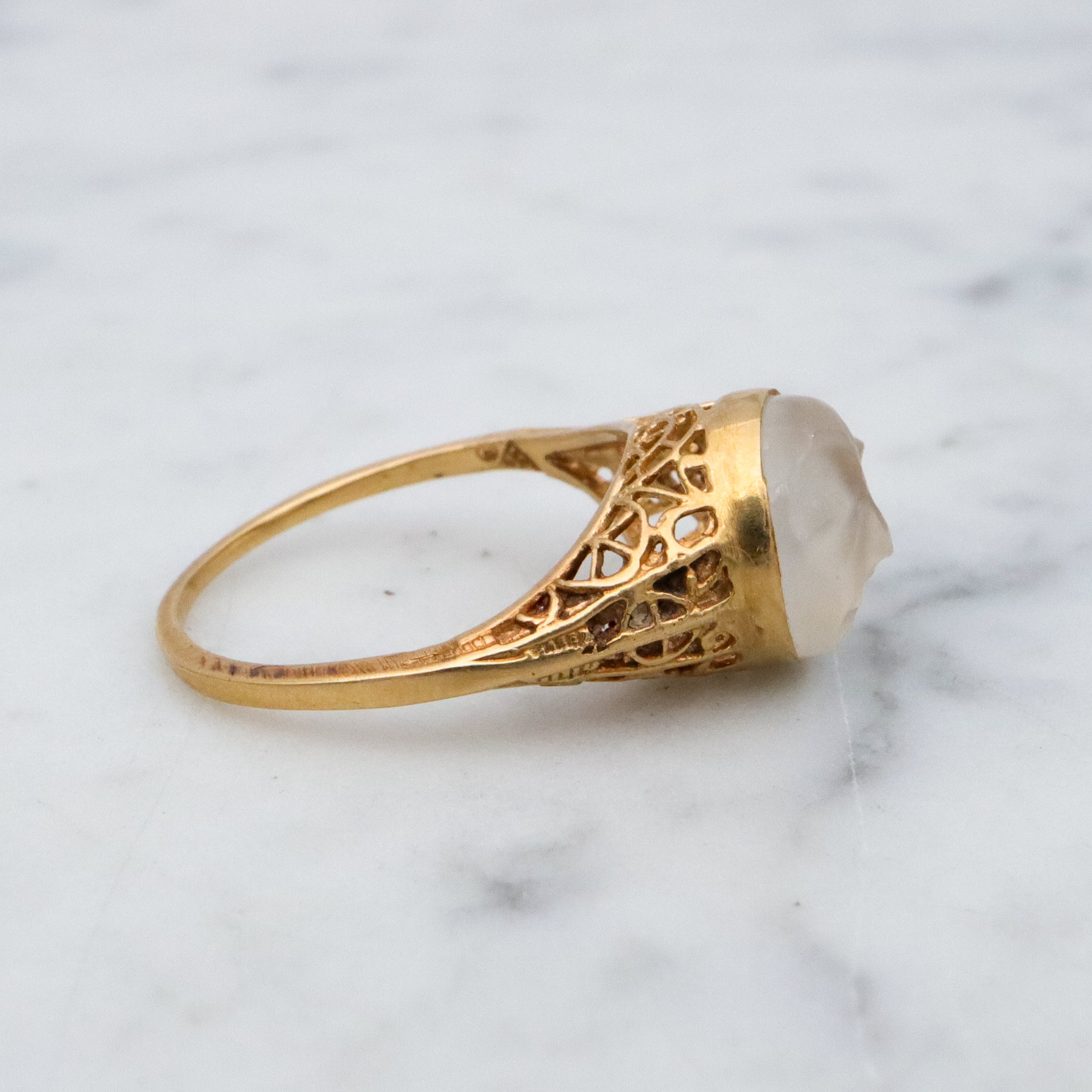 Victorian style 18k gold filigree Man on the Moon moonstone ring, size 6.5