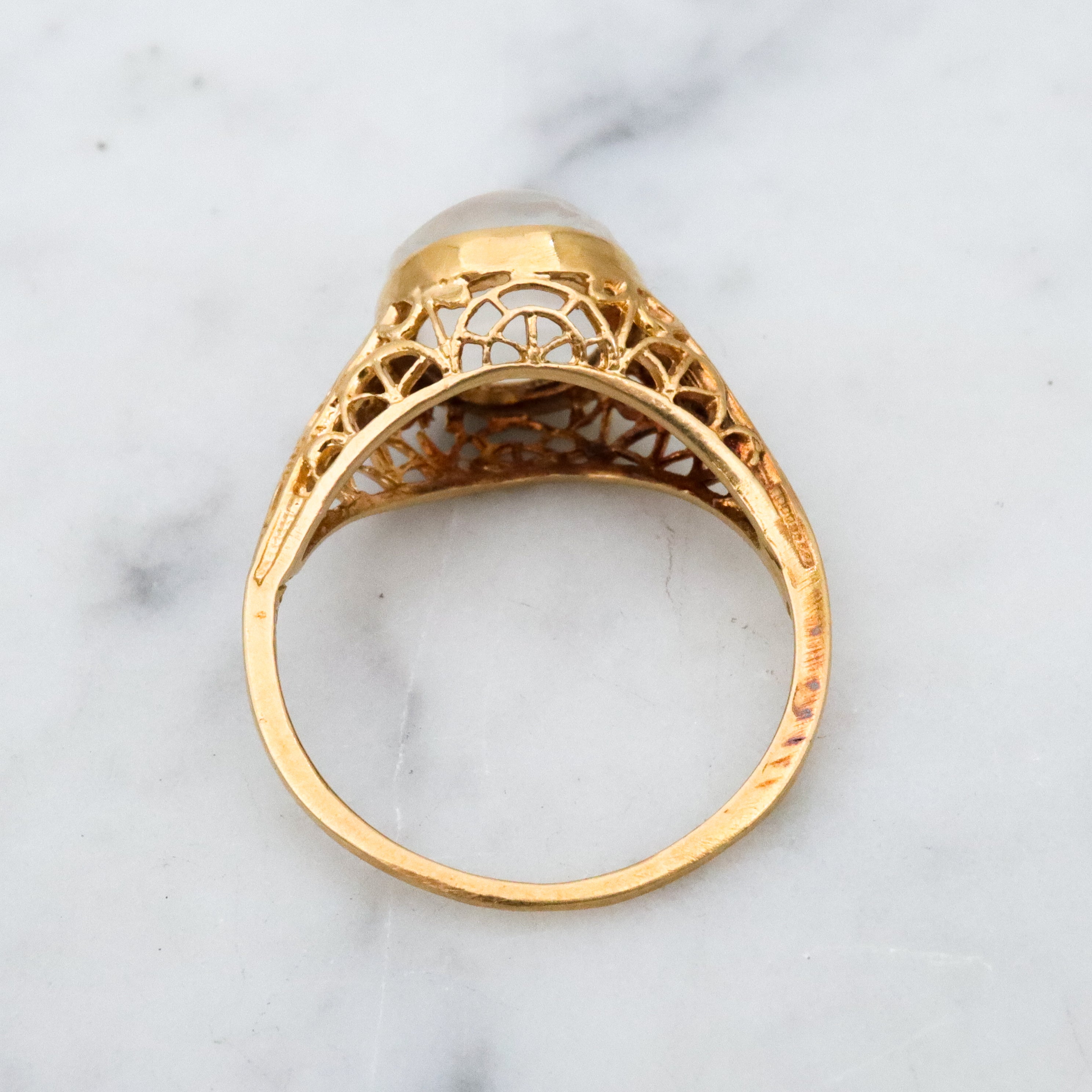 Victorian style 18k gold filigree Man on the Moon moonstone ring, size 6.5